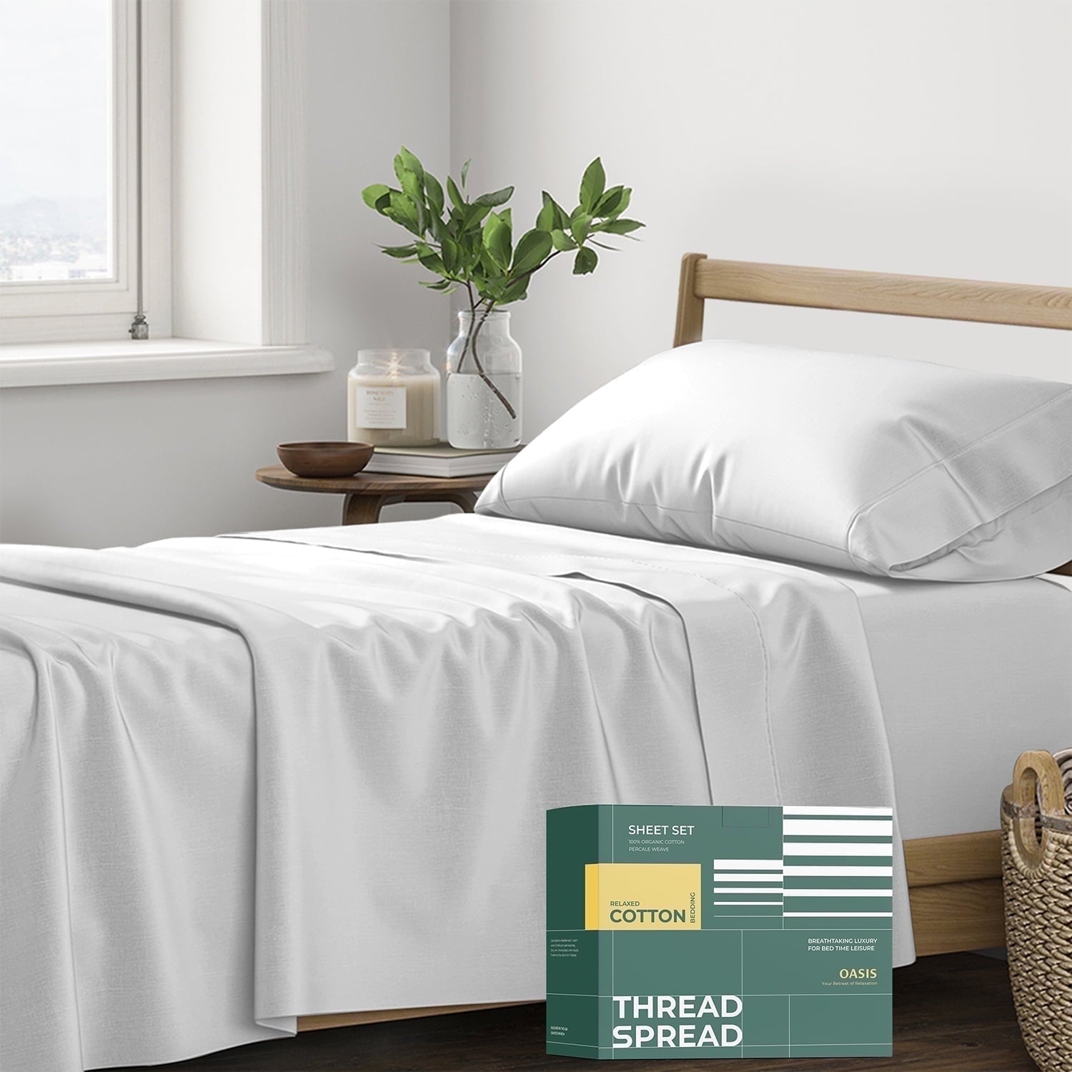 Thread Spread 100% Organic Cotton Sheets Queen Size - 4 PC Organic Cotton Queen Size Percale Weave Sheet Set, Soft, Cooling, Crisp & Breathable, 16" Deep Pocket Hotel Quality Bedding Set - White