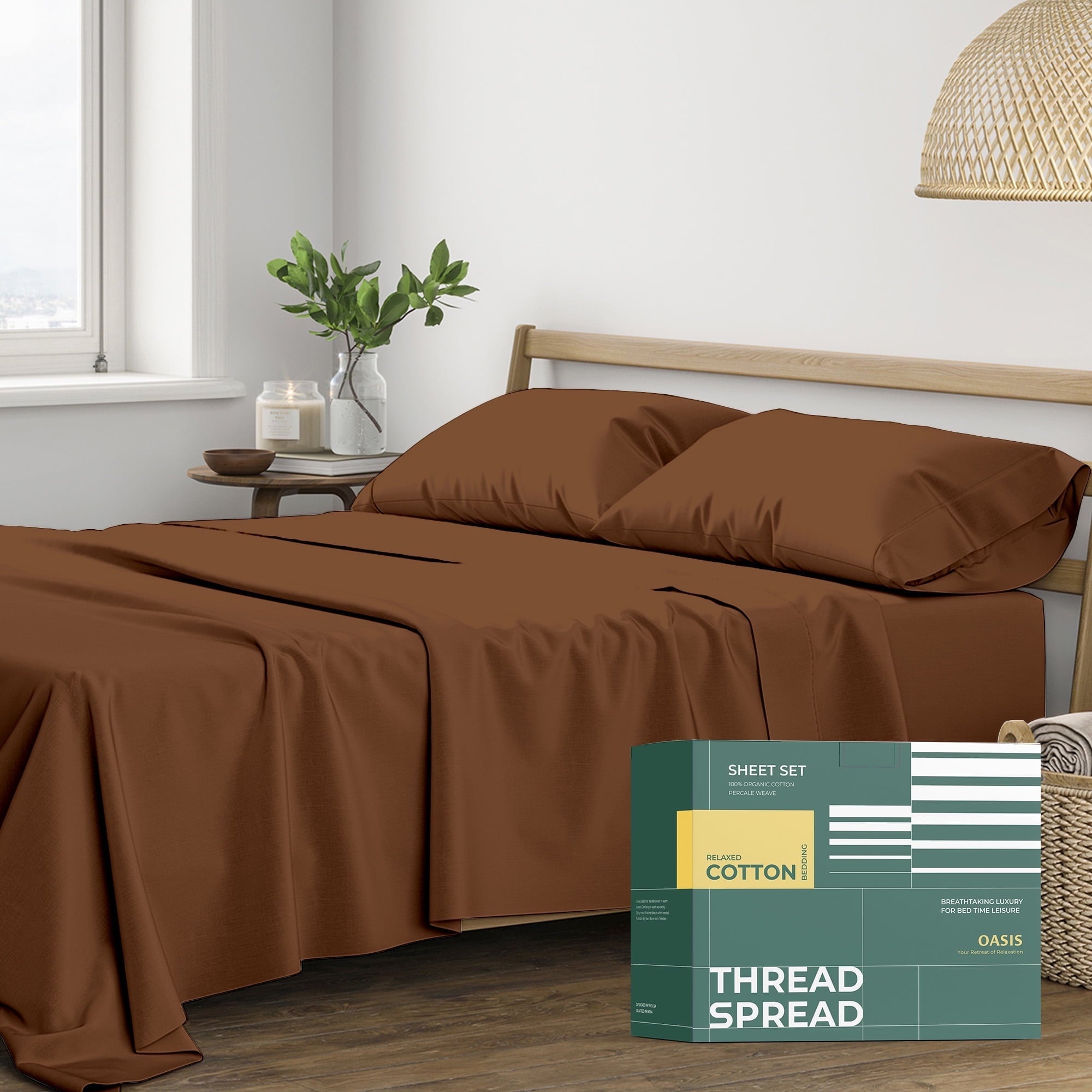 Thread Spread 100% Organic Cotton Sheets Queen Size - 4 PC Organic Cotton Queen Size Percale Weave Sheet Set, Soft, Cooling, Crisp & Breathable, 16" Deep Pocket Hotel Quality Bedding Set - White