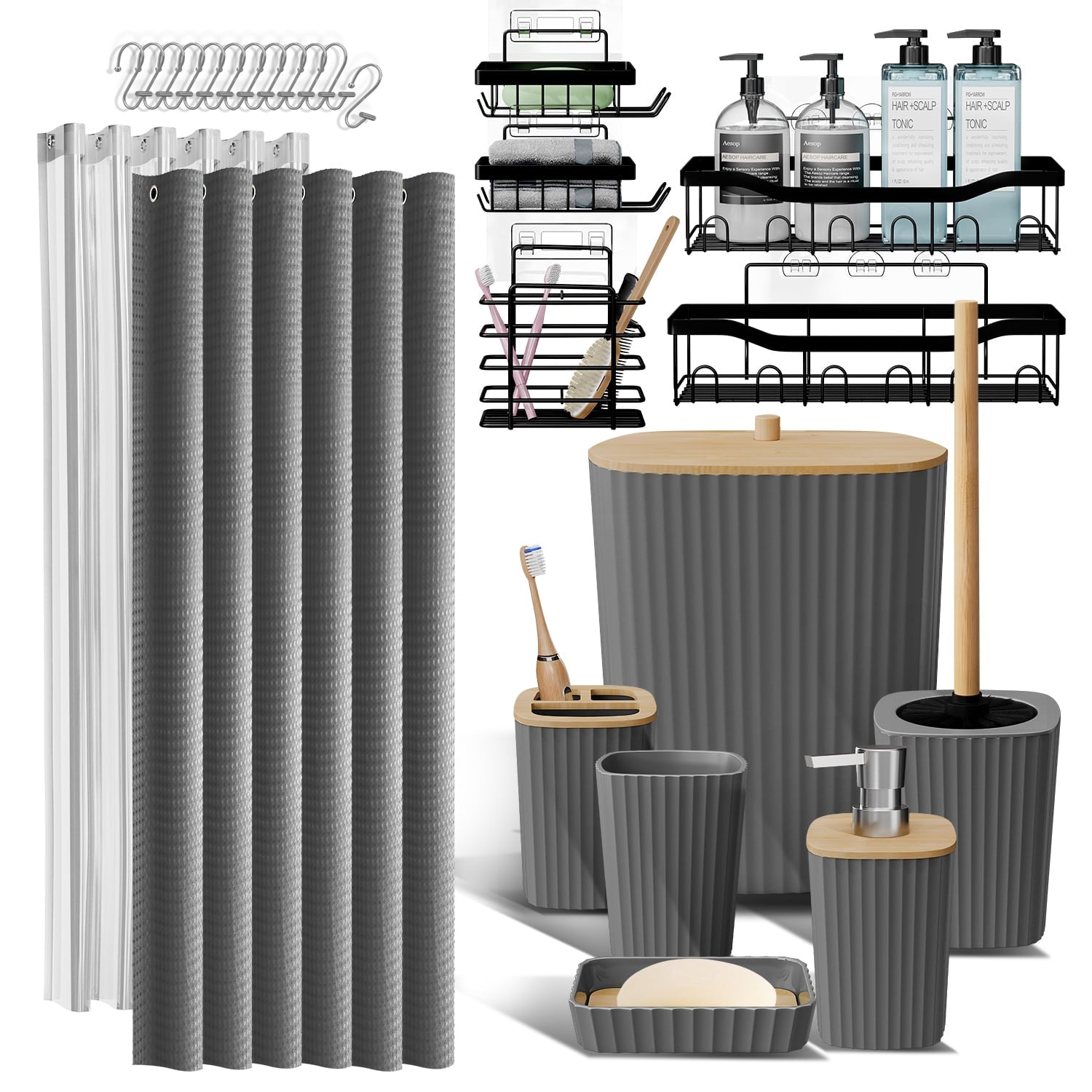 Hearth & Harbor 20 Piece Bamboo Bathroom Sets, Black Bathroom Accessories Set with Shower Curtain
