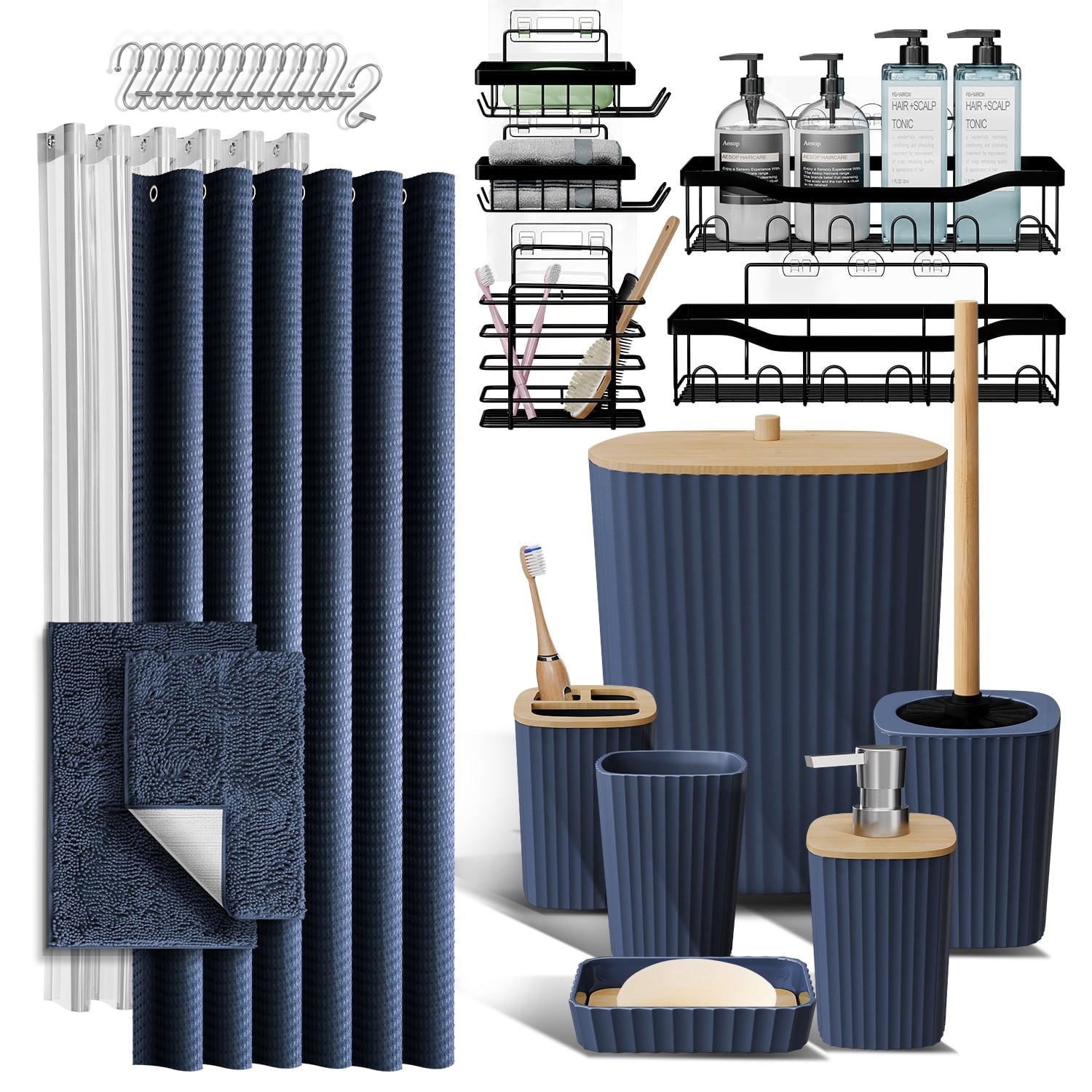 Hearth & Harbor 20 Piece Bamboo Bathroom Sets, Black Bathroom Accessories Set with Shower Curtain