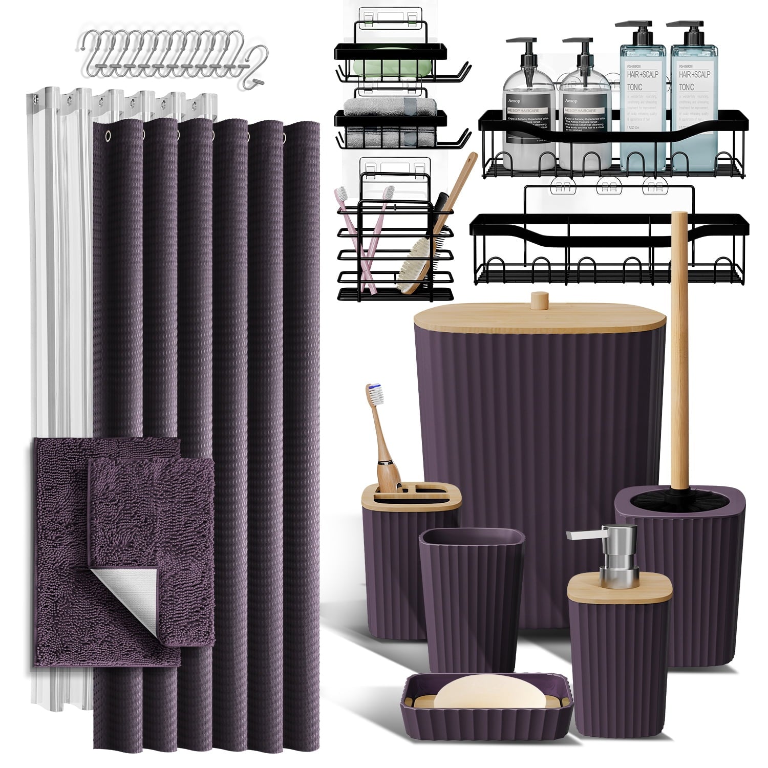 Hearth & Harbor 20 Piece Bamboo Bathroom Sets, Black Bathroom Accessories Set with Shower Curtain