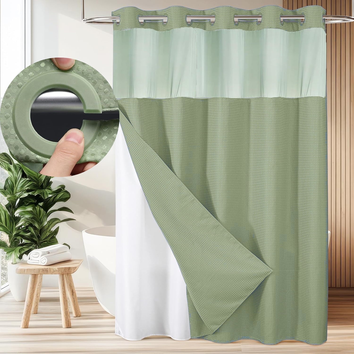 Zrodlmo No Hook Fabric Shower Curtain with Snap-in Liner, Waffle Waterproof and Mildew Resistant Bathroom Curtain, 72"x 74", White