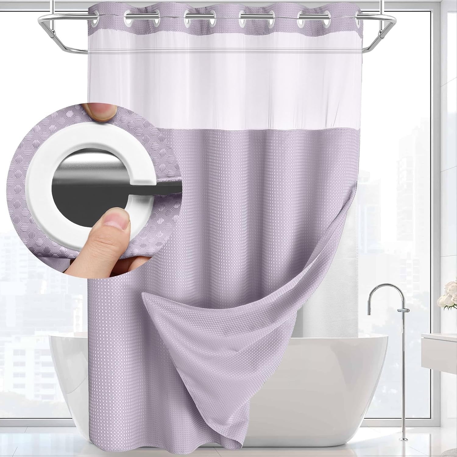 Zrodlmo No Hook Fabric Shower Curtain with Snap-in Liner, Waffle Waterproof and Mildew Resistant Bathroom Curtain, 72"x 74", White