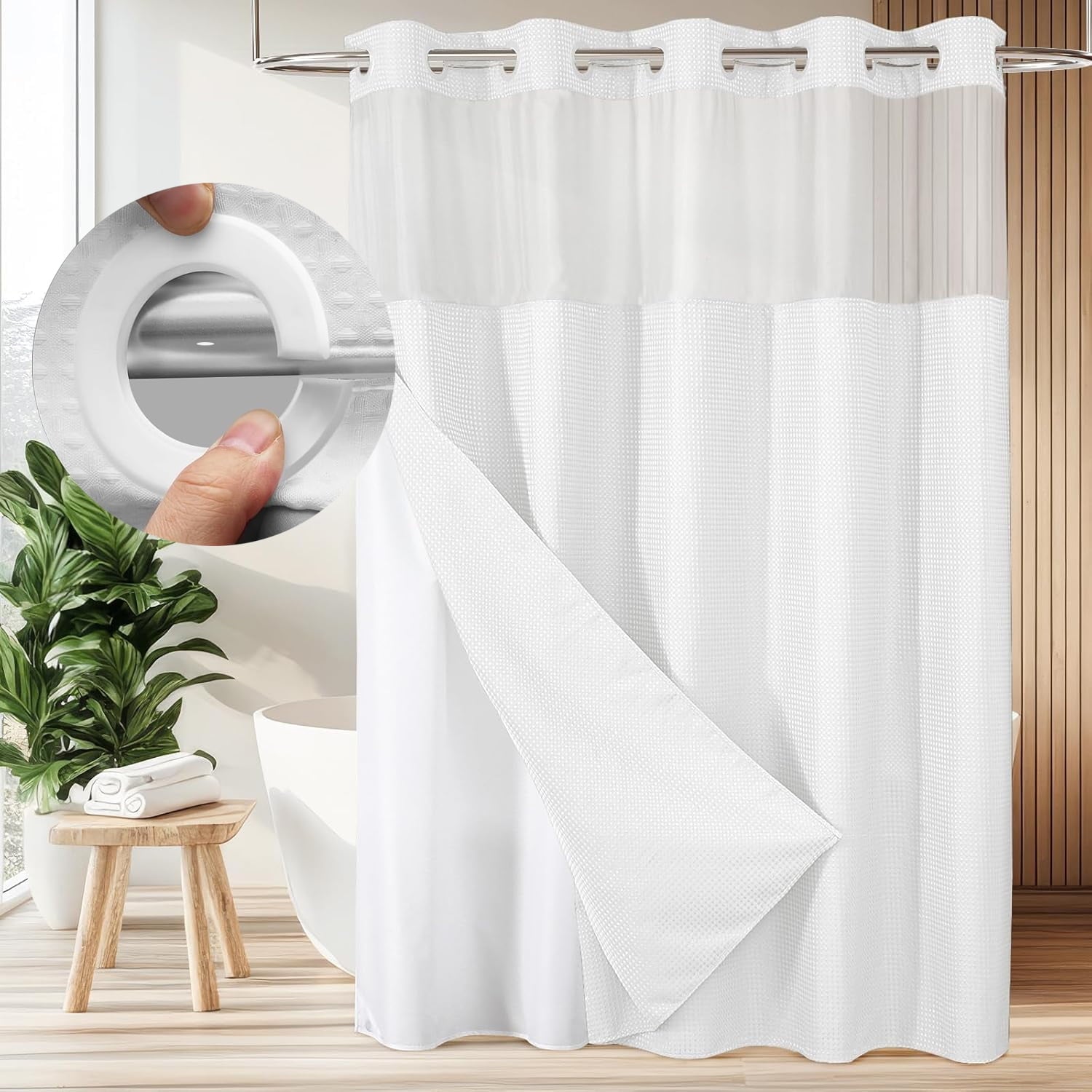 Zrodlmo No Hook Fabric Shower Curtain with Snap-in Liner, Waffle Waterproof and Mildew Resistant Bathroom Curtain, 72"x 74", White