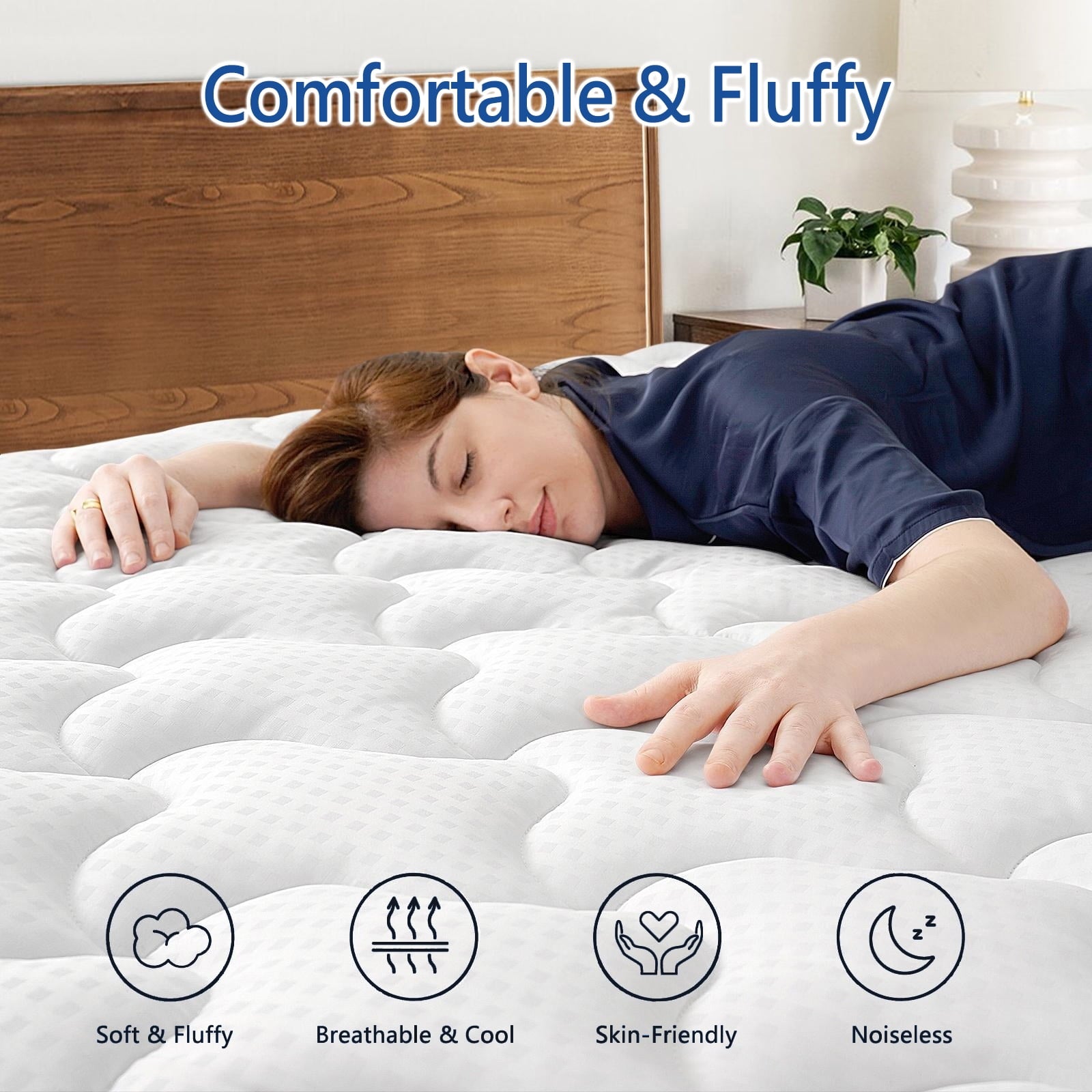 INGALIK Queen Size Mattress Pad, Cooling Breathable Mattress Topper, 400TC Quilted Fitted Protector and Cover with 8-21" Deep Pocket, White