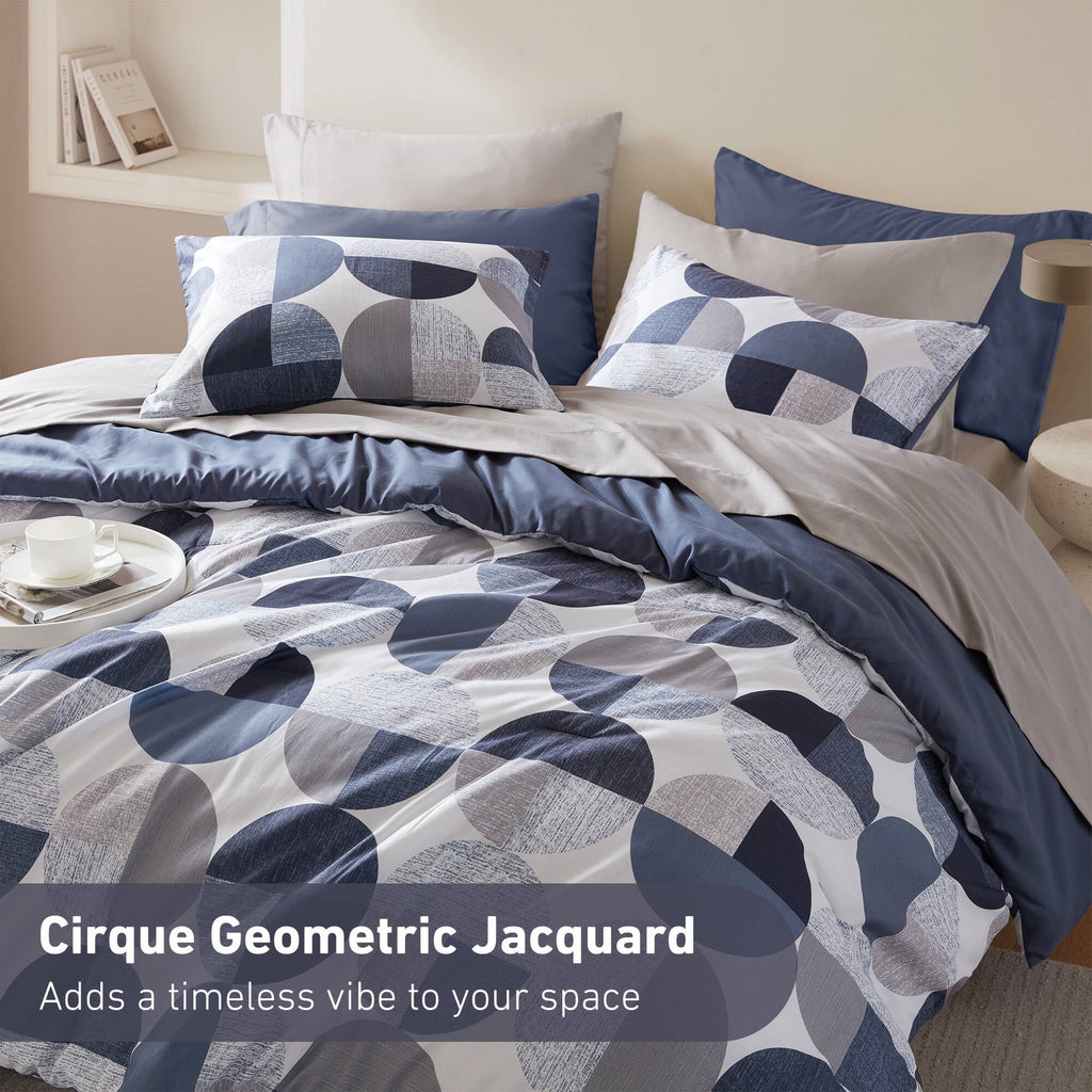 Regency Heights Queen Size Comforter Set, 9-Piece Bed in a Bag Queen, Round Geometric Print Bedding Comforter Set with Sheets, Navy Blue