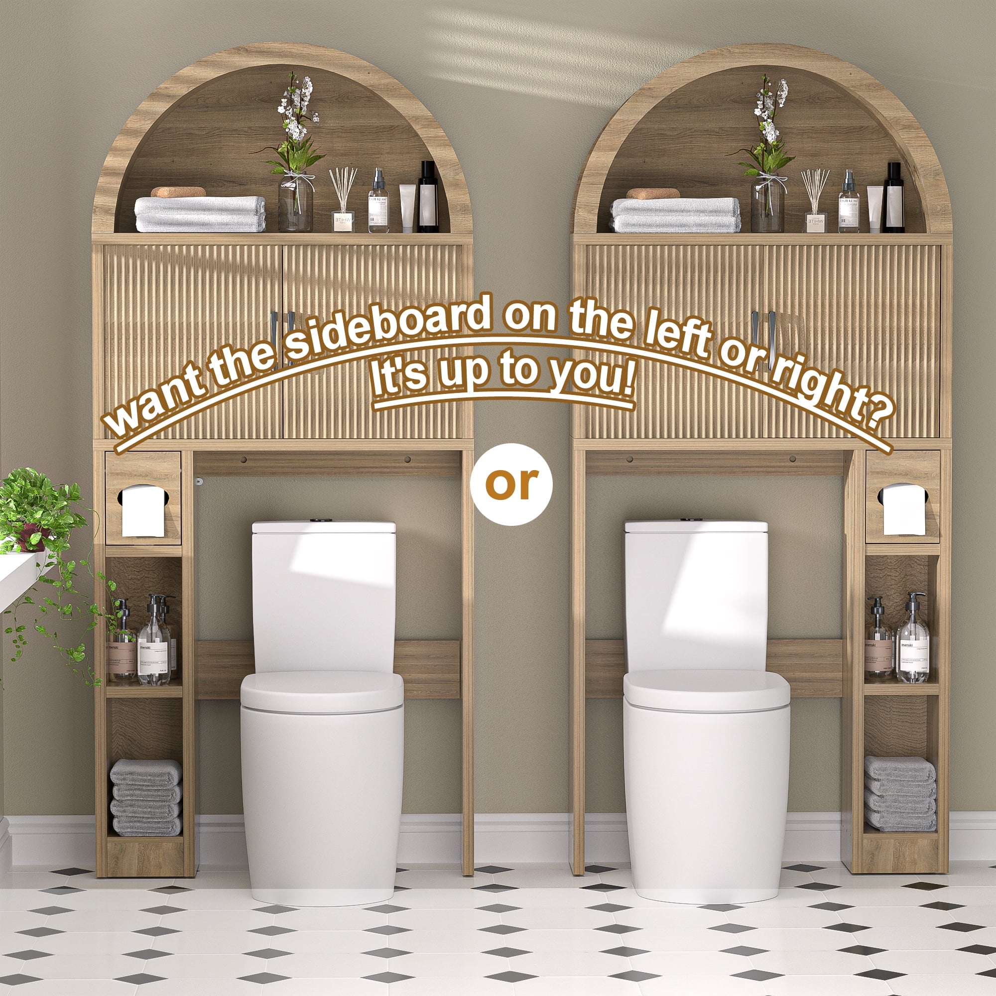 HARIPUL Over The Toilet Storage Cabinet w/ Unique Wood Grain & Arc Design, Freestanding Bathroom Shelf Organizer Space Saver w/ Doors & Anti-Tip Device, Wood Color