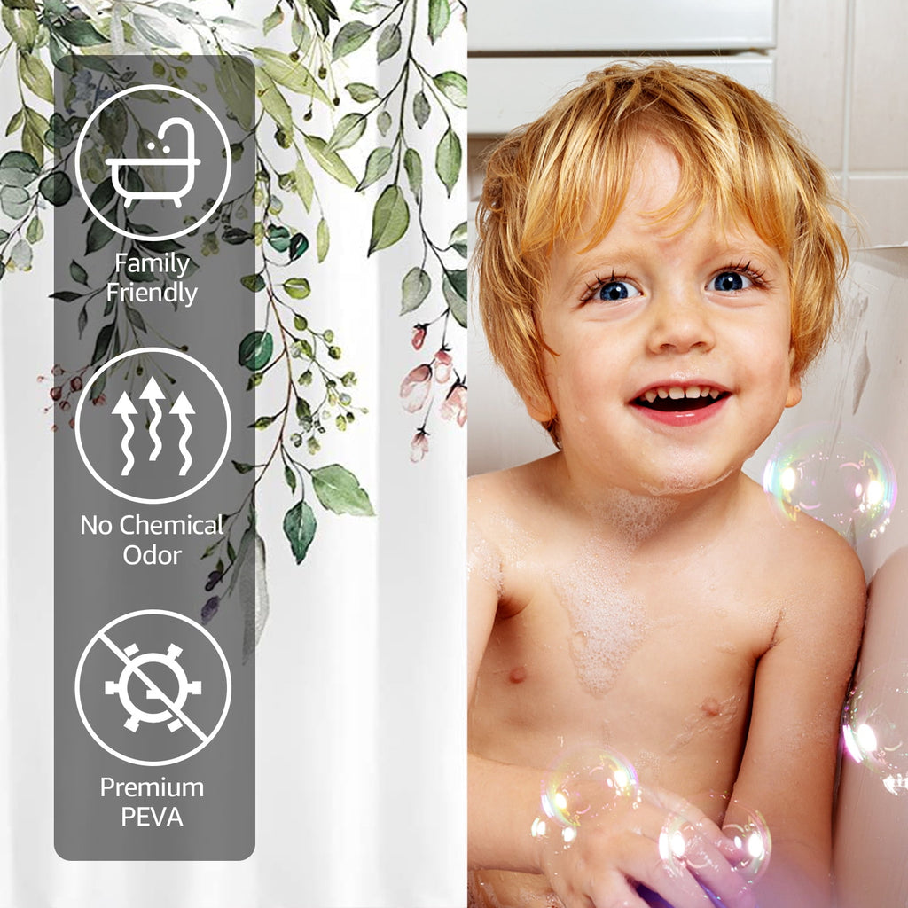 Dznils Green Eucalyptus Fabric Shower Curtain, Watercolor Floral Pattern with Hooks, 72" x 72"