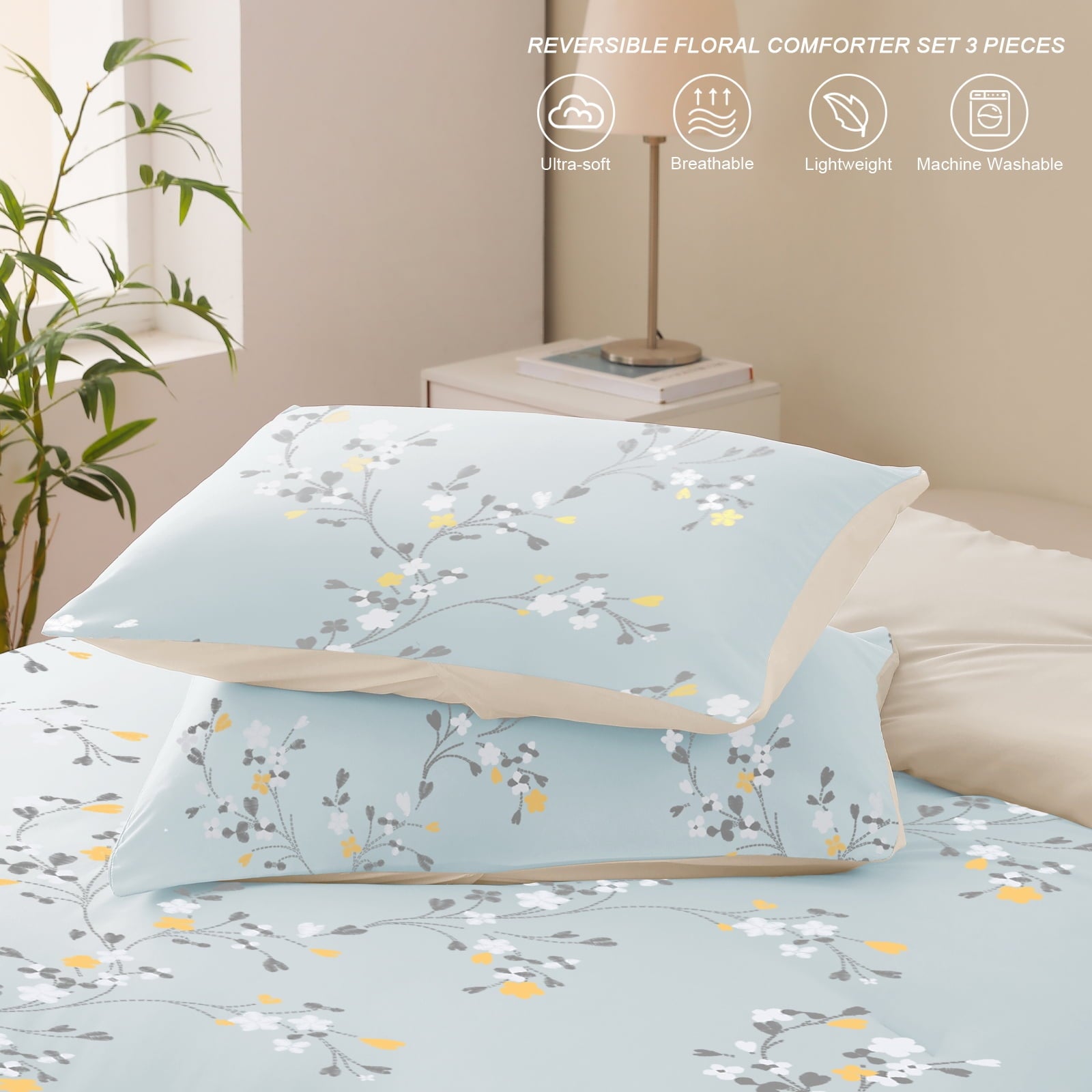 Exclusivo Mezcla 3-Piece Floral King Size Comforter Set, Microfiber Bedding Down Alternative Comforter for All Seasons with 2 Pillow Shams, Light Blue