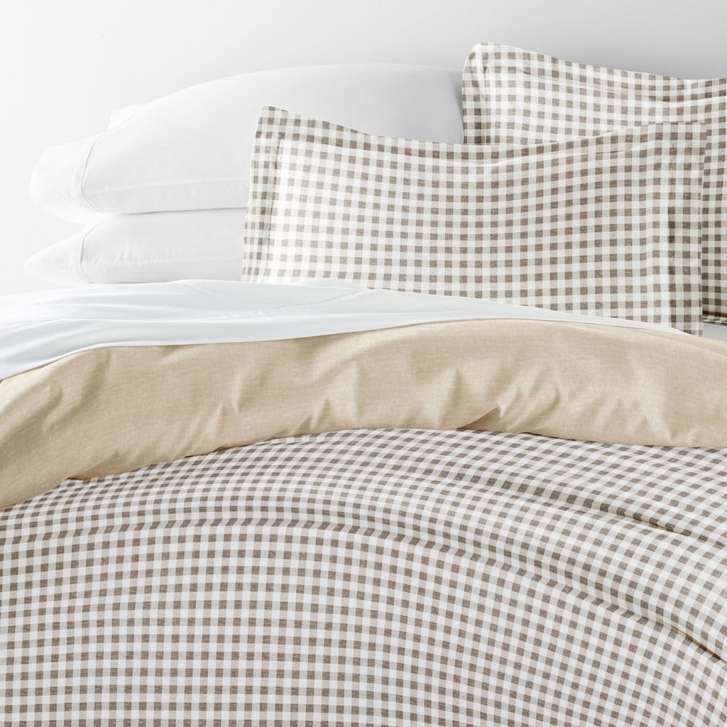 Duvet Cover Set - Ultra Soft & Breathable - Reversible Beige Gingham Check for Twin/TwinXL Bedding by Comfort Canopy