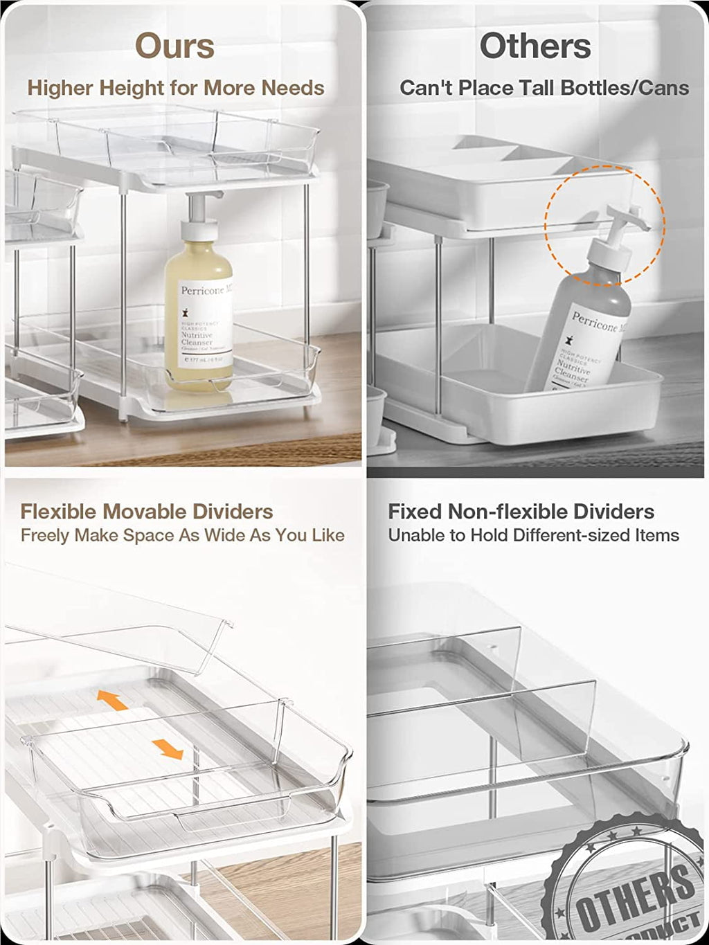 Delamu 2 Sets of 2-Tier Multi-Purpose Bathroom Under Sink Organizers and Storage, Stackable Kitchen Pantry Organization, Pull Out Medicine Cabinet Organizer with 8 Movable Dividers C29