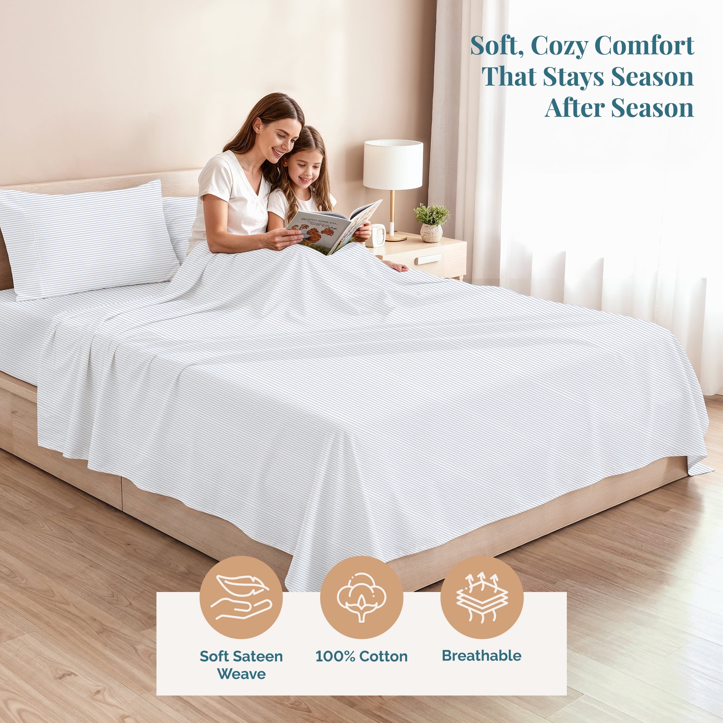 Casa Platino Twin Bed Sheet – 450TC 100% Cotton Cooling Bed Sheets, Premium Hotel Sateen Finish, Oeko-Tex Certified, Restful Sleep – Ticking Stripe