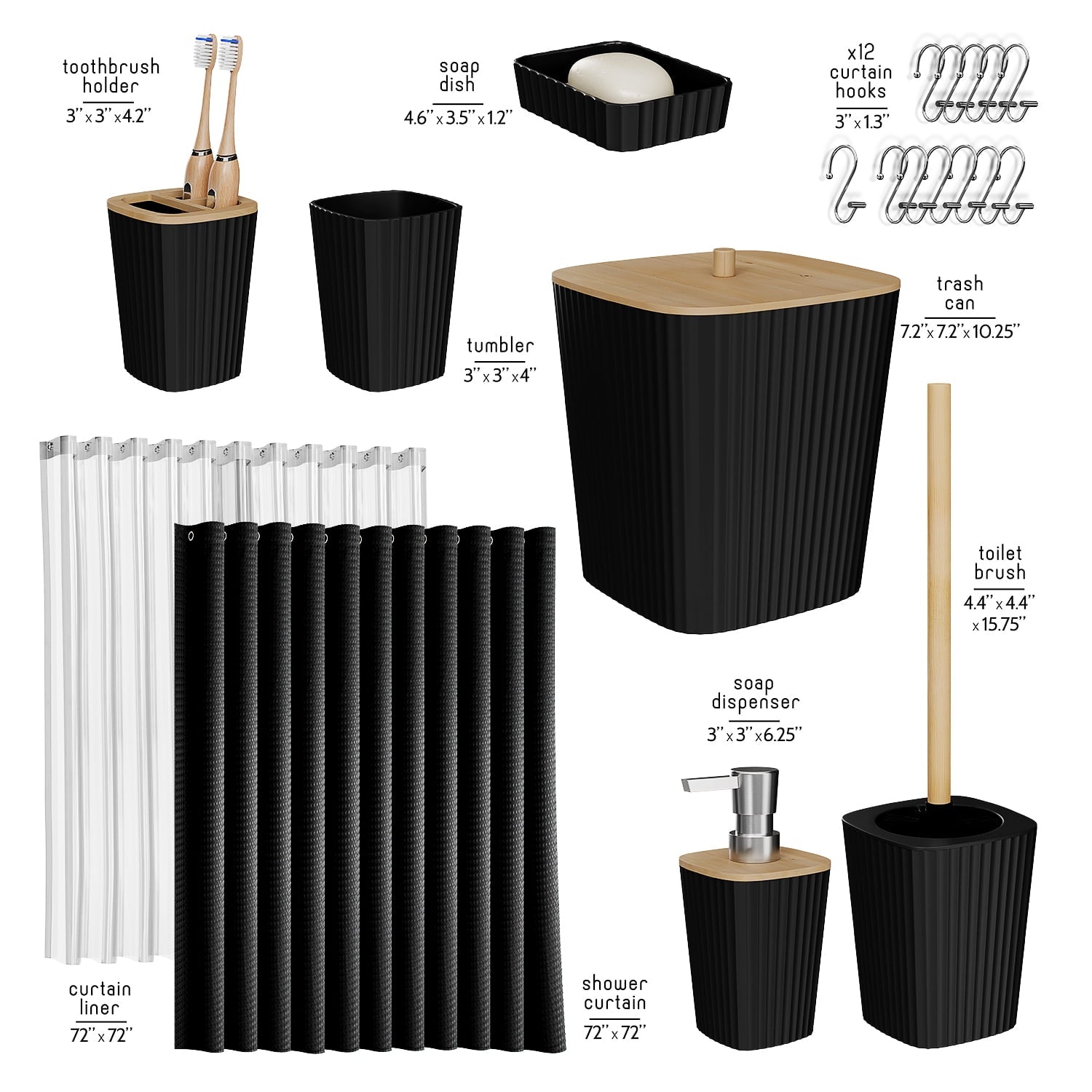Hearth & Harbor 20 Piece Bamboo Bathroom Sets, Black Bathroom Accessories Set with Shower Curtain