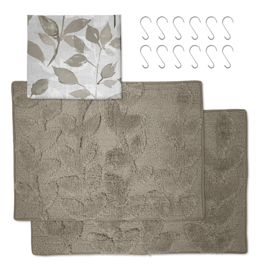 Mainstays 15-Piece Brown Leaves Bathroom Set – Shower Curtain, Bath Rugs & Hooks, Nature-Inspired Washable Décor