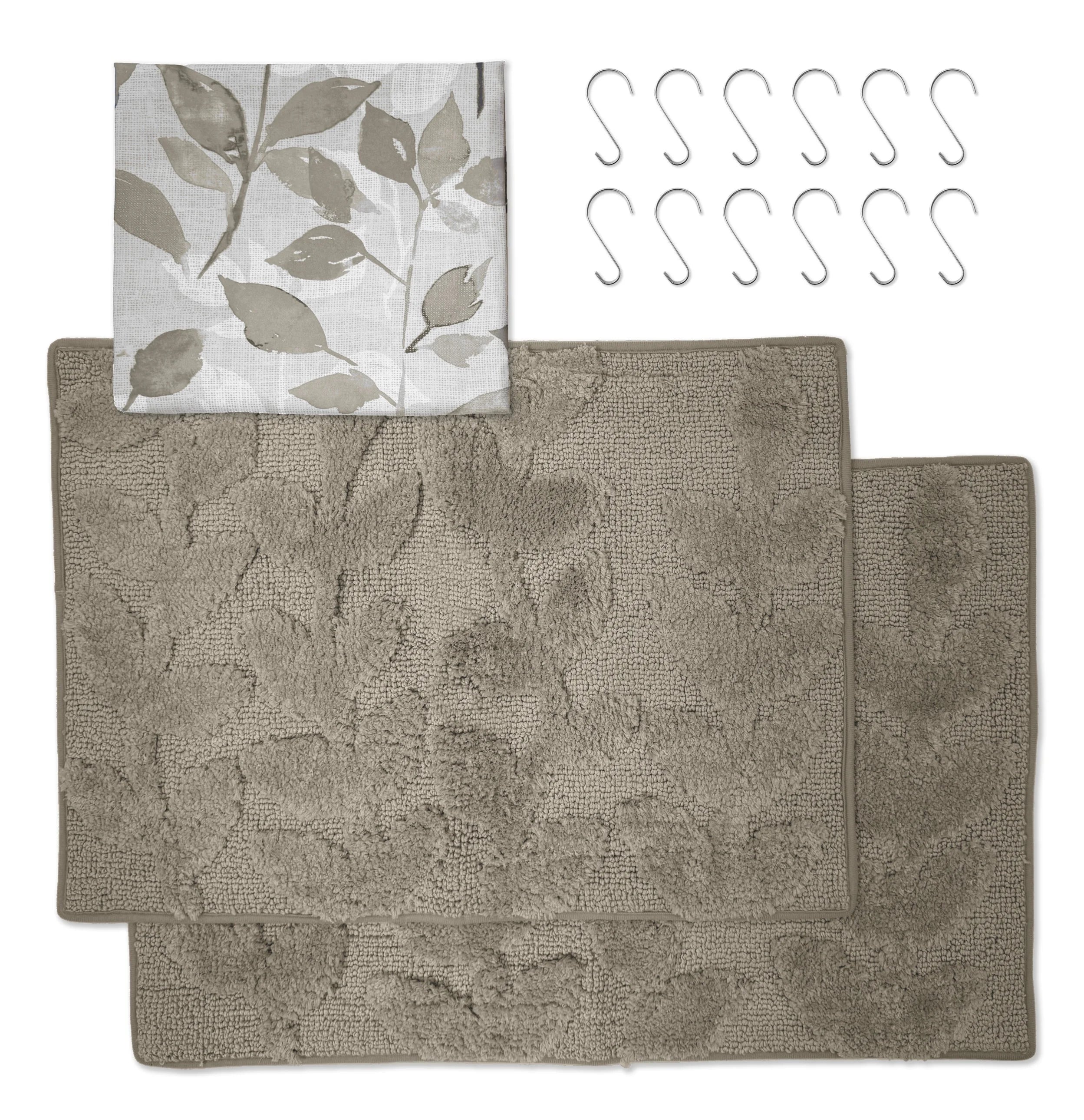 Mainstays 15-Piece Brown Leaves Bathroom Set – Shower Curtain, Bath Rugs & Hooks, Nature-Inspired Washable Décor