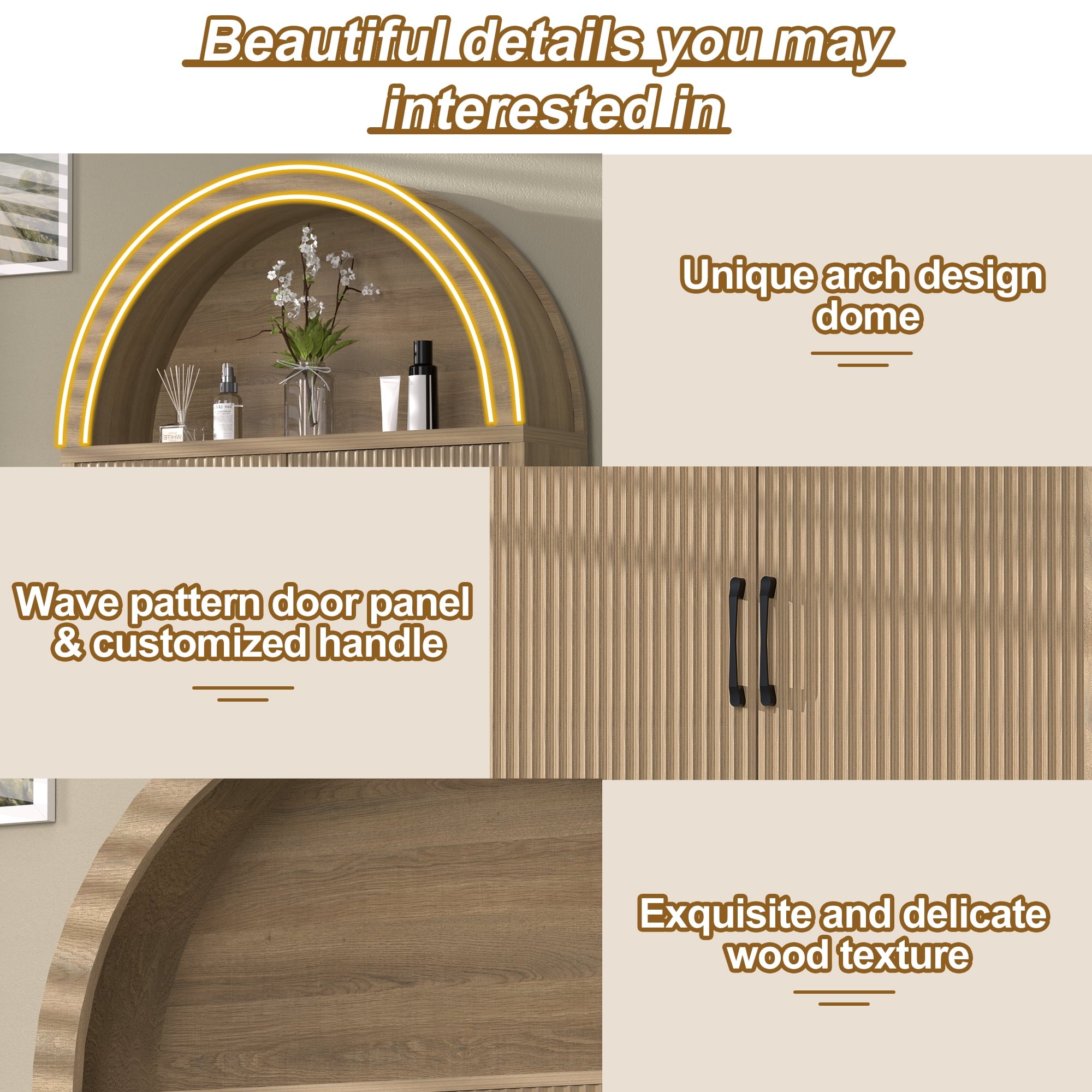 HARIPUL Over The Toilet Storage Cabinet w/ Unique Wood Grain & Arc Design, Freestanding Bathroom Shelf Organizer Space Saver w/ Doors & Anti-Tip Device, Wood Color