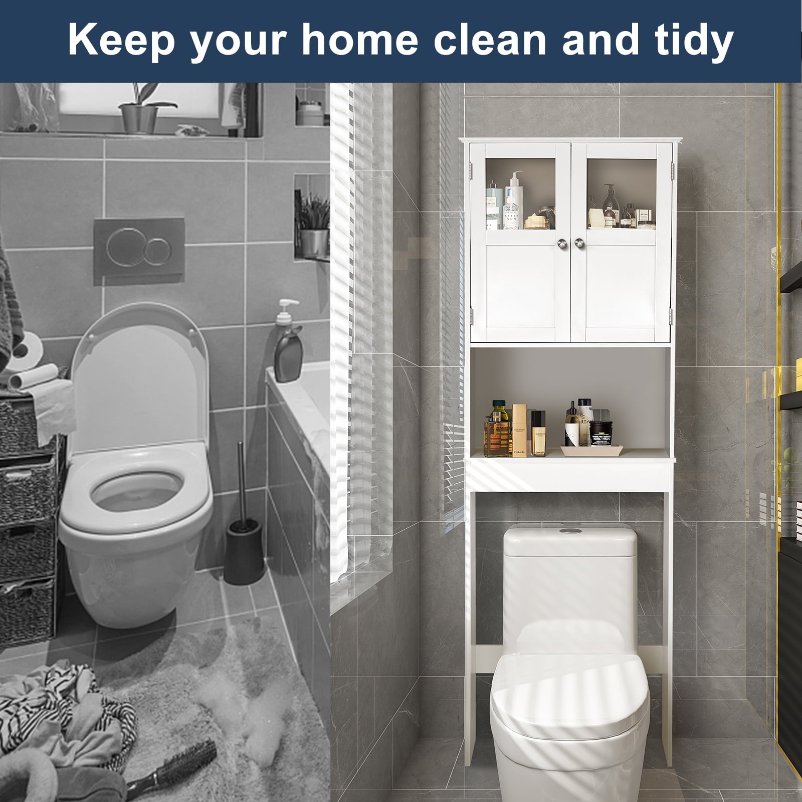 Ktaxon Over the Toilet Bathroom Storage Cabinet with 2 Doors & 3 Storage Shelves Space Saver, White