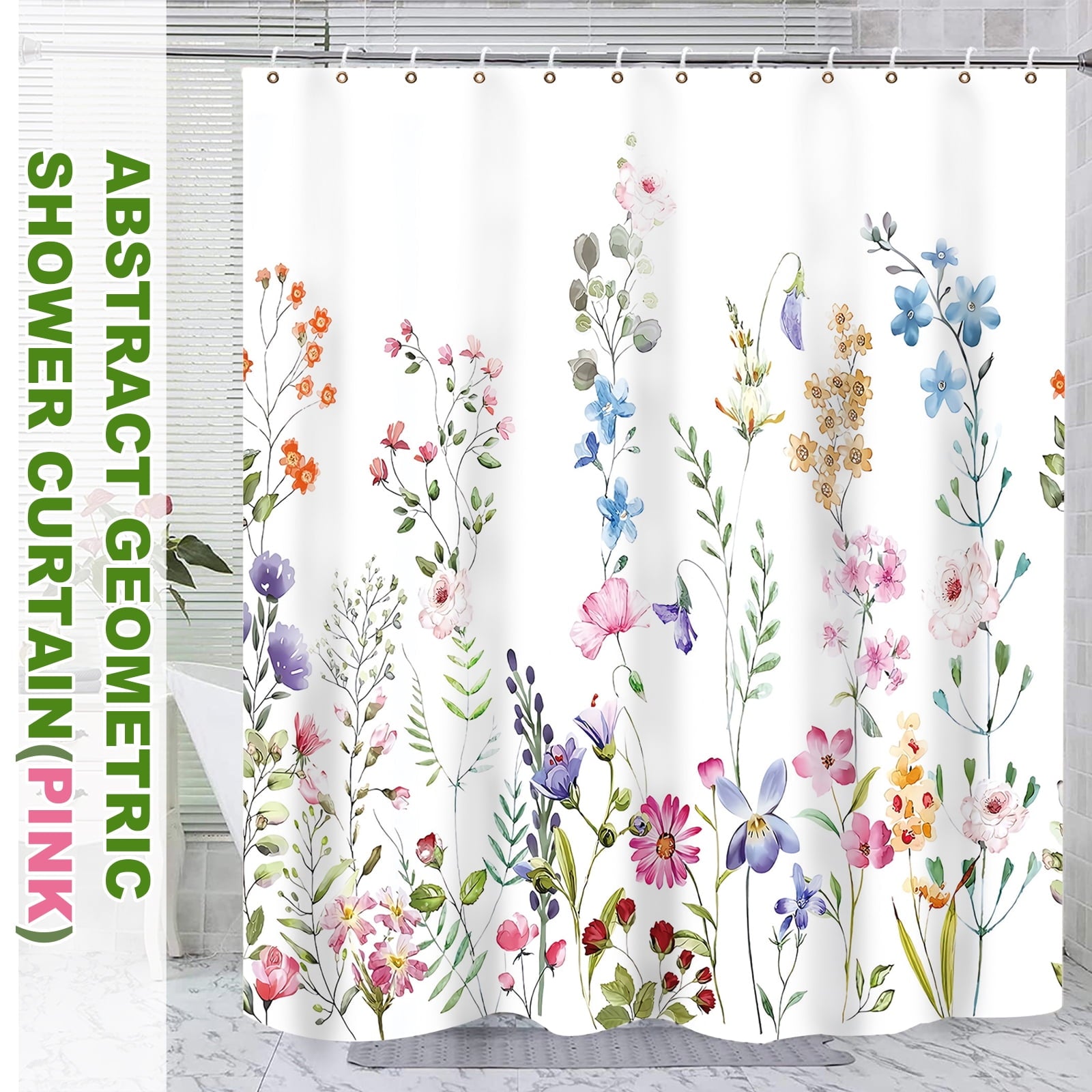 Dznils White Floral Fabric Shower Curtain, Watercolor Bathroom Curtain with Hooks, Pink, 72" x 72"