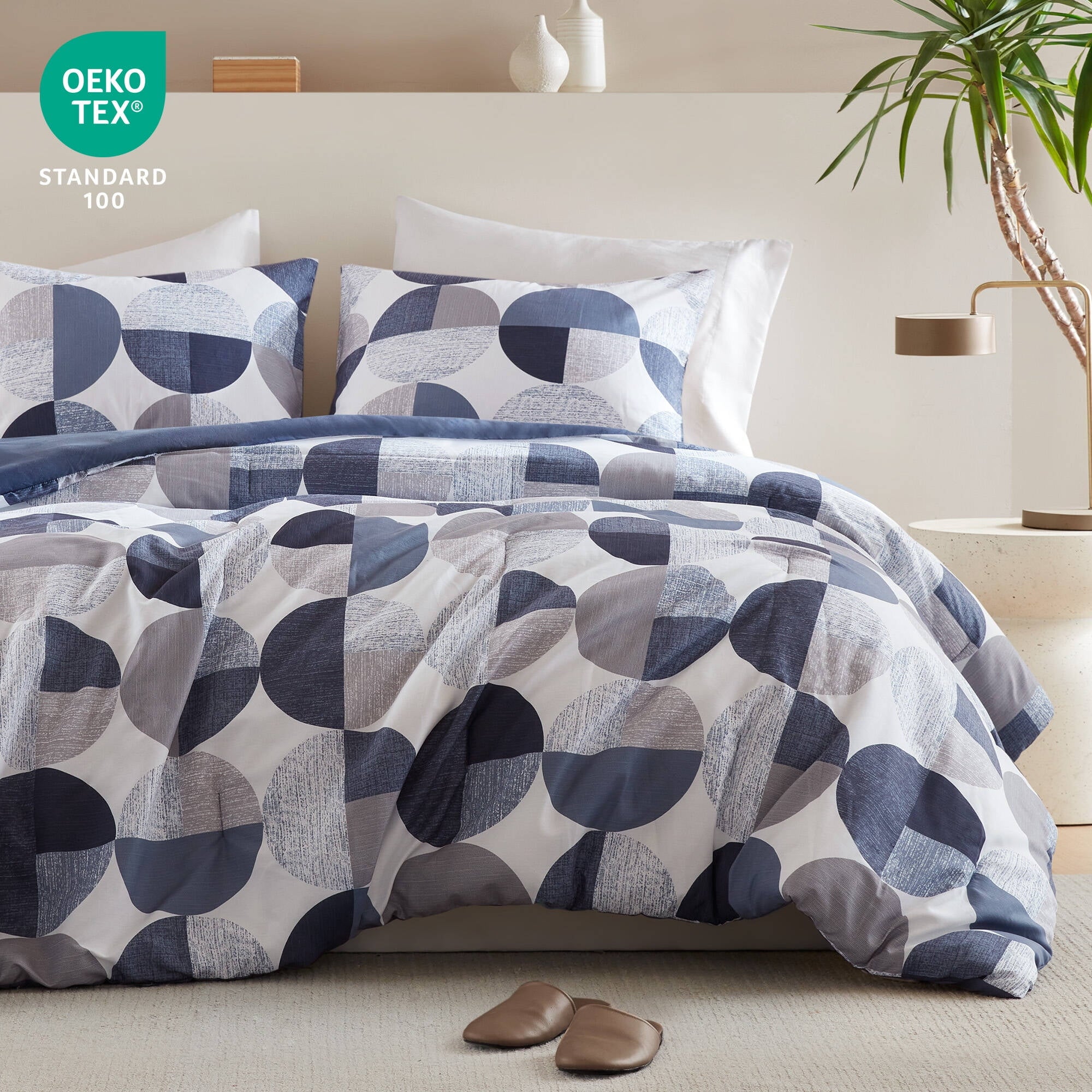 Regency Heights Queen Size Comforter Set, 9-Piece Bed in a Bag Queen, Round Geometric Print Bedding Comforter Set with Sheets, Navy Blue