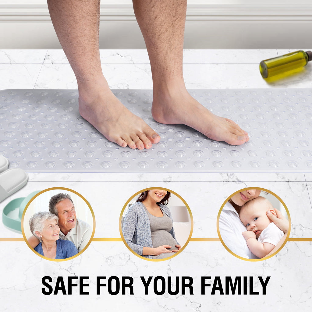 HITSLAM Extra Long Bathtub Mat-40x16 Non Slip Shower Mat with Drain Holes and Suction Cups,Machine Washable Bath Mat,Clear