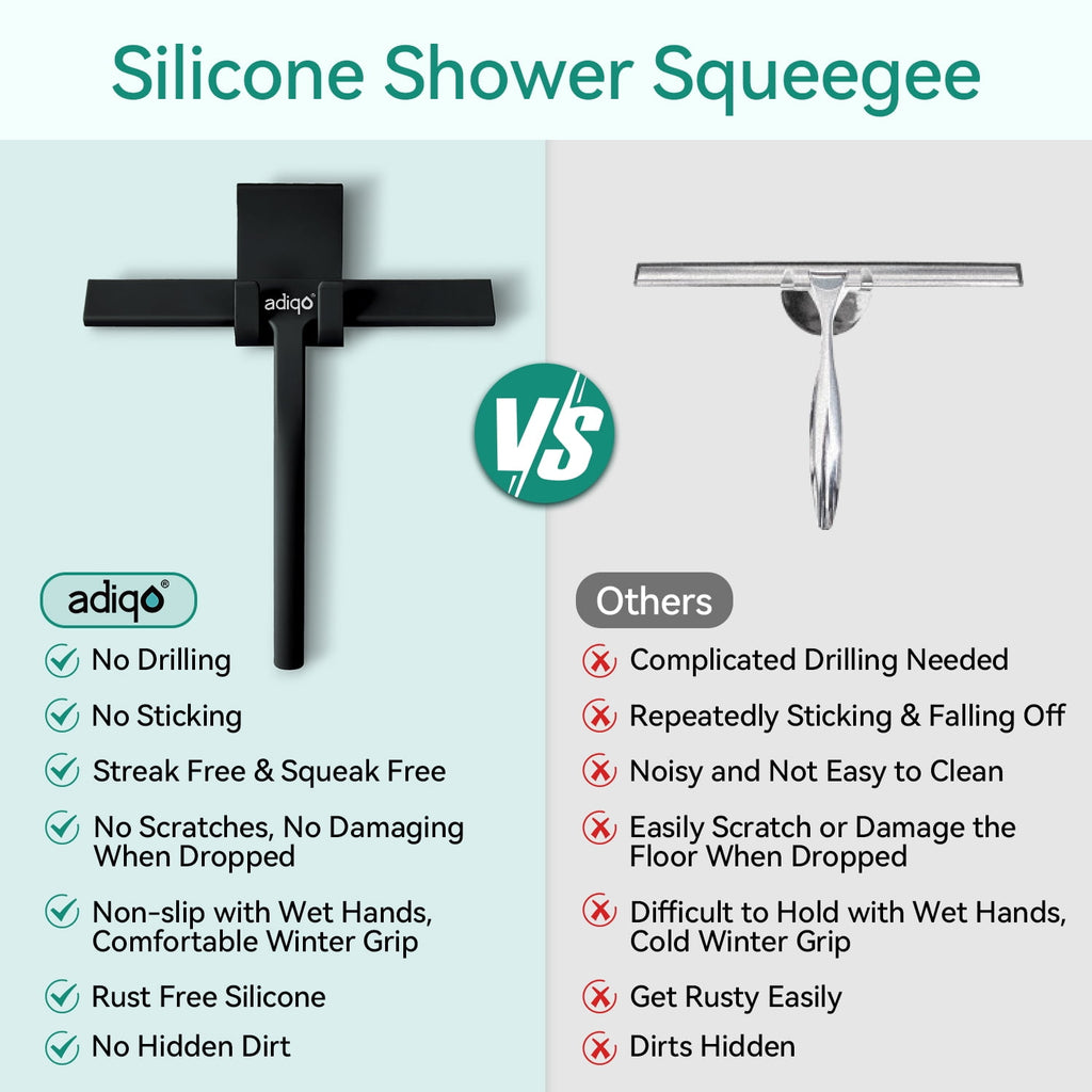 Adiqo 9" Silicone Shower Squeegee for Bathroom, Shower Doors, Mirrors - 100% Streak Free, Matte Black