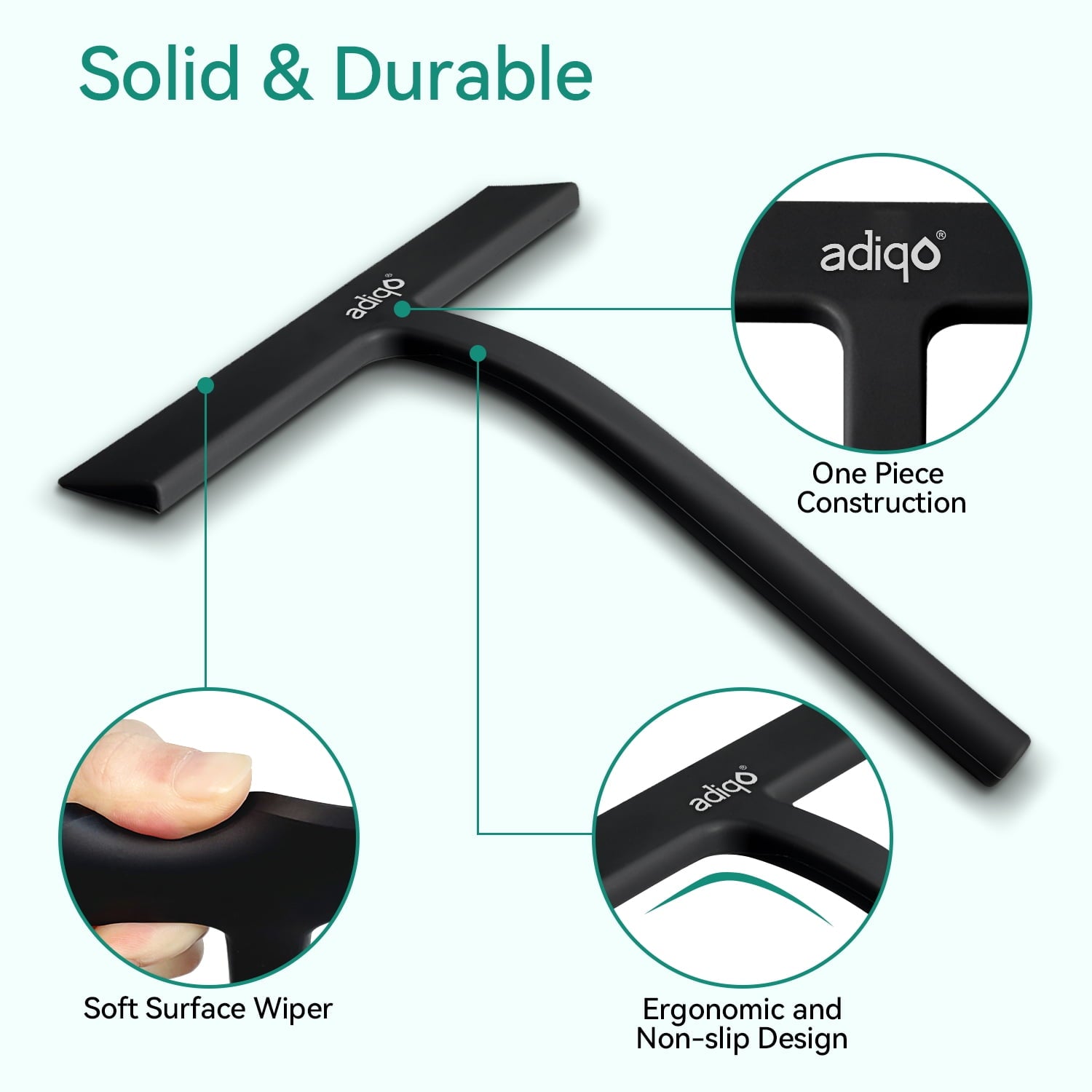 Adiqo 9" Silicone Shower Squeegee for Bathroom, Shower Doors, Mirrors - 100% Streak Free, Matte Black