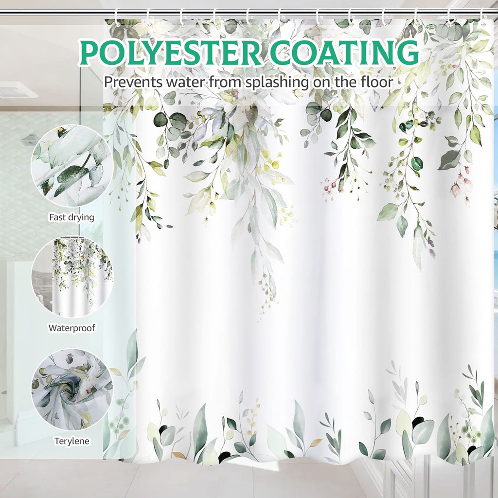 Dznils Green Eucalyptus Fabric Shower Curtain, Watercolor Floral Pattern with Hooks, 72" x 72"