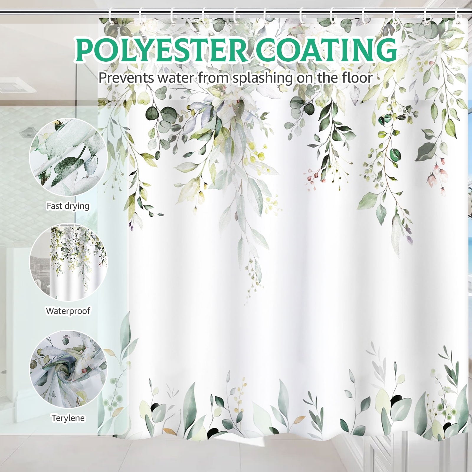 Dznils Green Eucalyptus Fabric Shower Curtain, Watercolor Floral Pattern with Hooks, 72" x 72"
