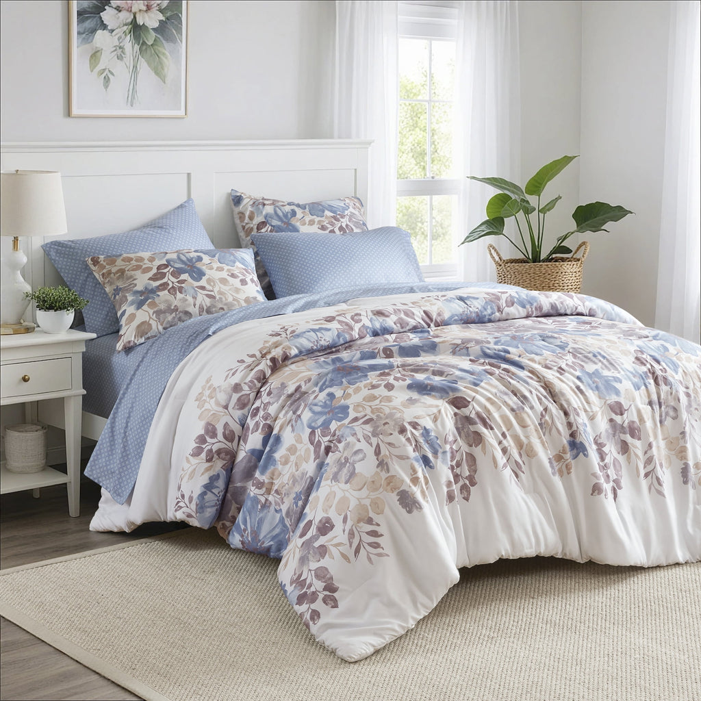 Regency Heights Queen Comforter Set with Sheets, Soft Brushed Bed in A Bag with Diamond Printed Bed Sheets, 7 Piece Bedding Sets with Flat Sheet and Fitted Sheet, Blue