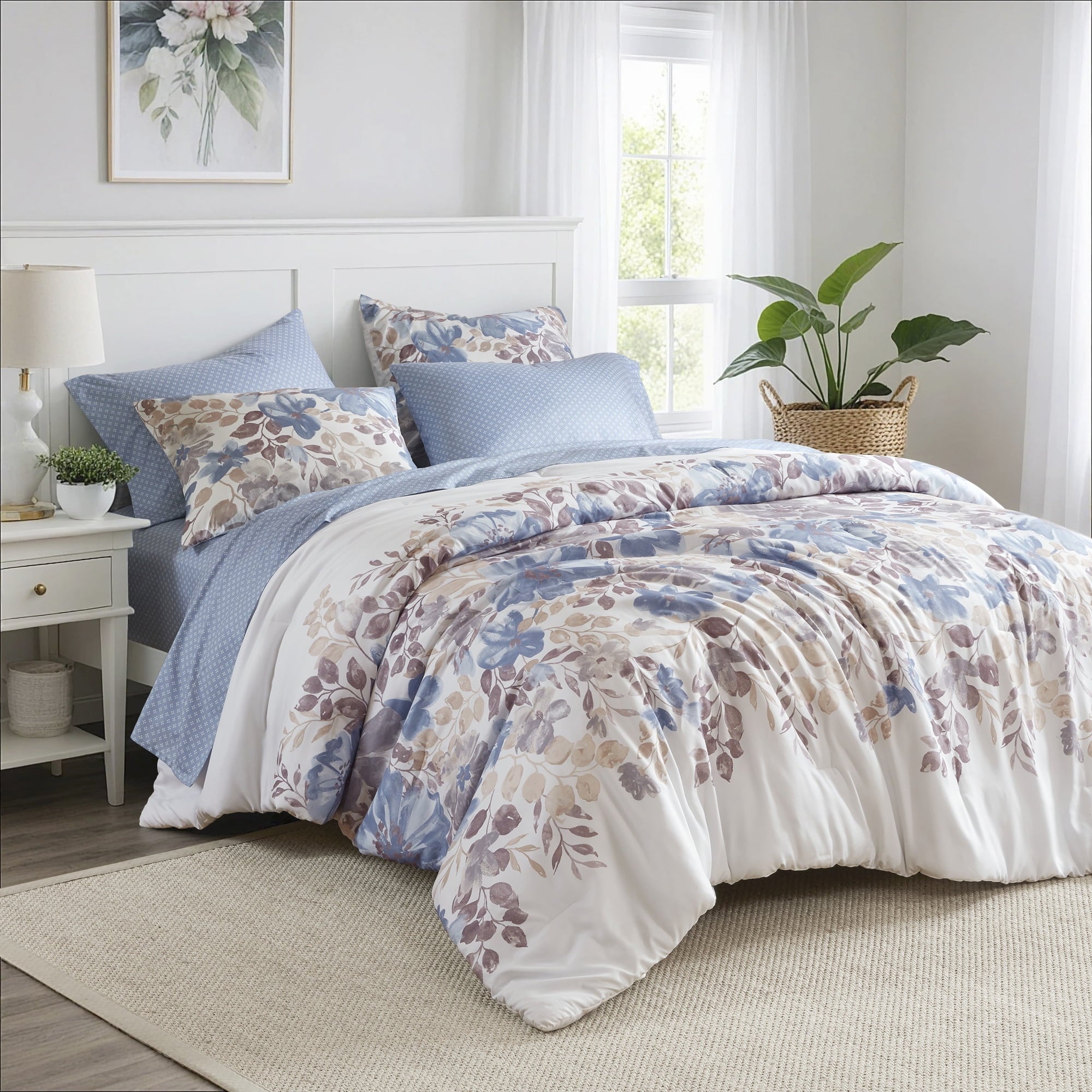 Regency Heights Queen Comforter Set with Sheets, Soft Brushed Bed in A Bag with Diamond Printed Bed Sheets, 7 Piece Bedding Sets with Flat Sheet and Fitted Sheet, Blue