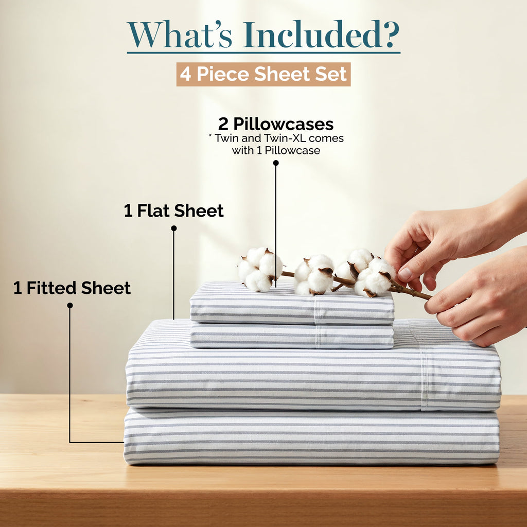 Casa Platino Twin Bed Sheet – 450TC 100% Cotton Cooling Bed Sheets, Premium Hotel Sateen Finish, Oeko-Tex Certified, Restful Sleep – Ticking Stripe