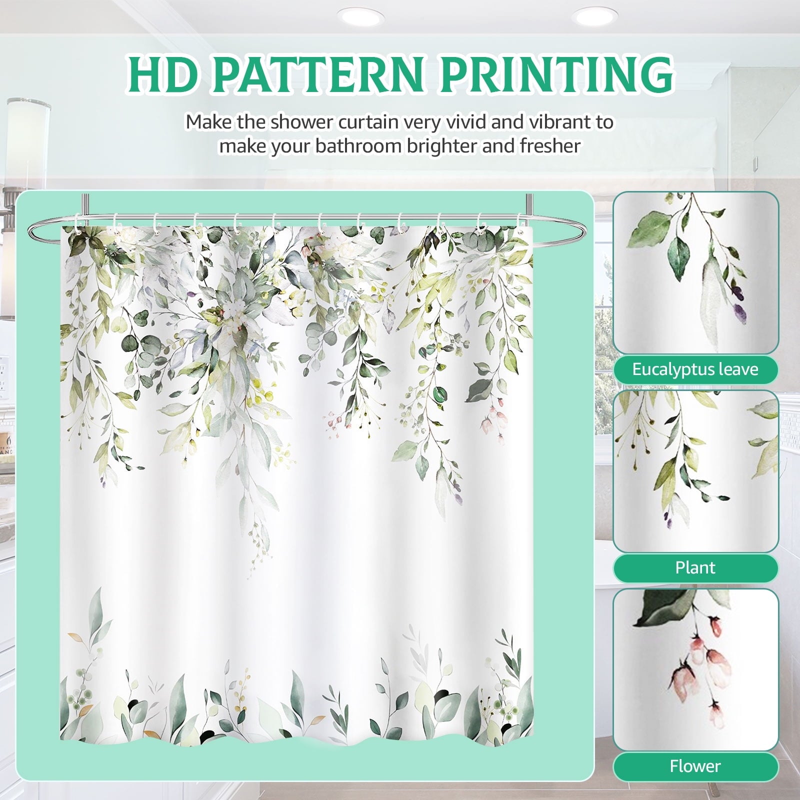 Dznils Green Eucalyptus Fabric Shower Curtain, Watercolor Floral Pattern with Hooks, 72" x 72"