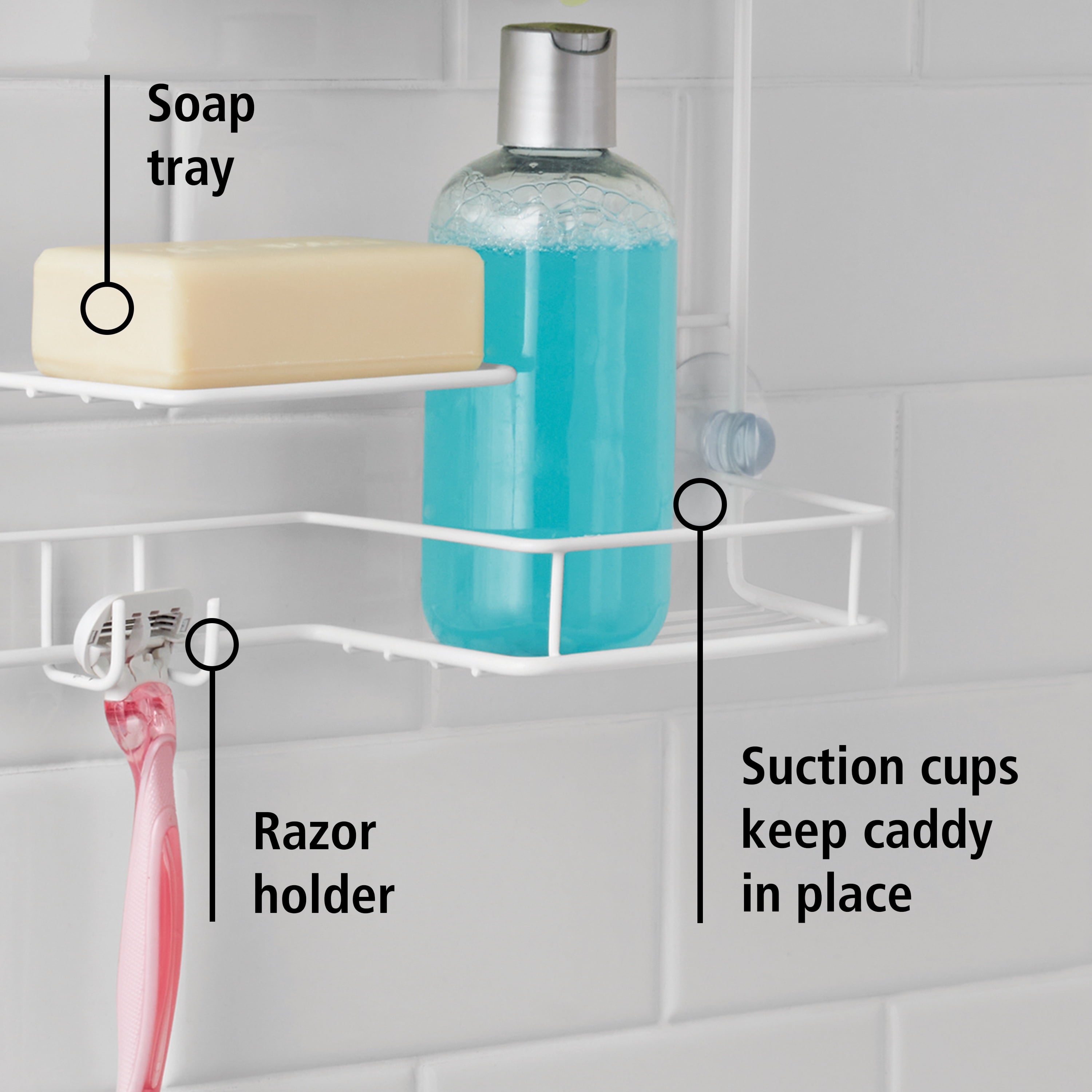 Mainstays Basic Hanging Shower Caddy with 2 Shelves and Soap Tray, White