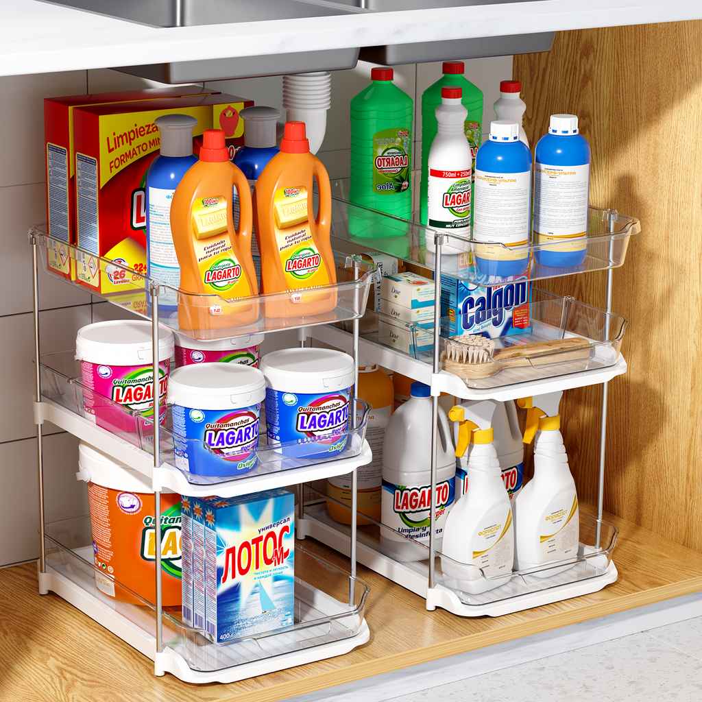 Delamu 2-Pack 3-Tier Pull-Out Under Sink Organizer, Stackable Sliding Storage Shelves for Bathroom Kitchen Pantry (White)