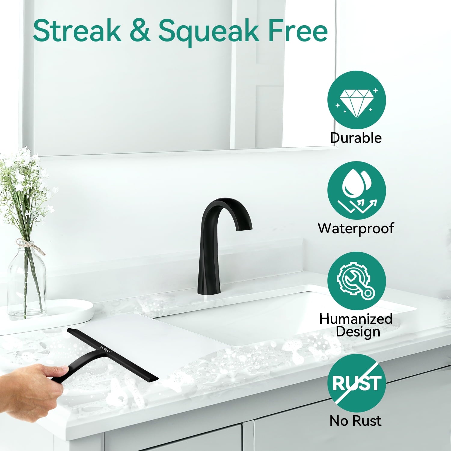 Adiqo 9" Silicone Shower Squeegee for Bathroom, Shower Doors, Mirrors - 100% Streak Free, Matte Black