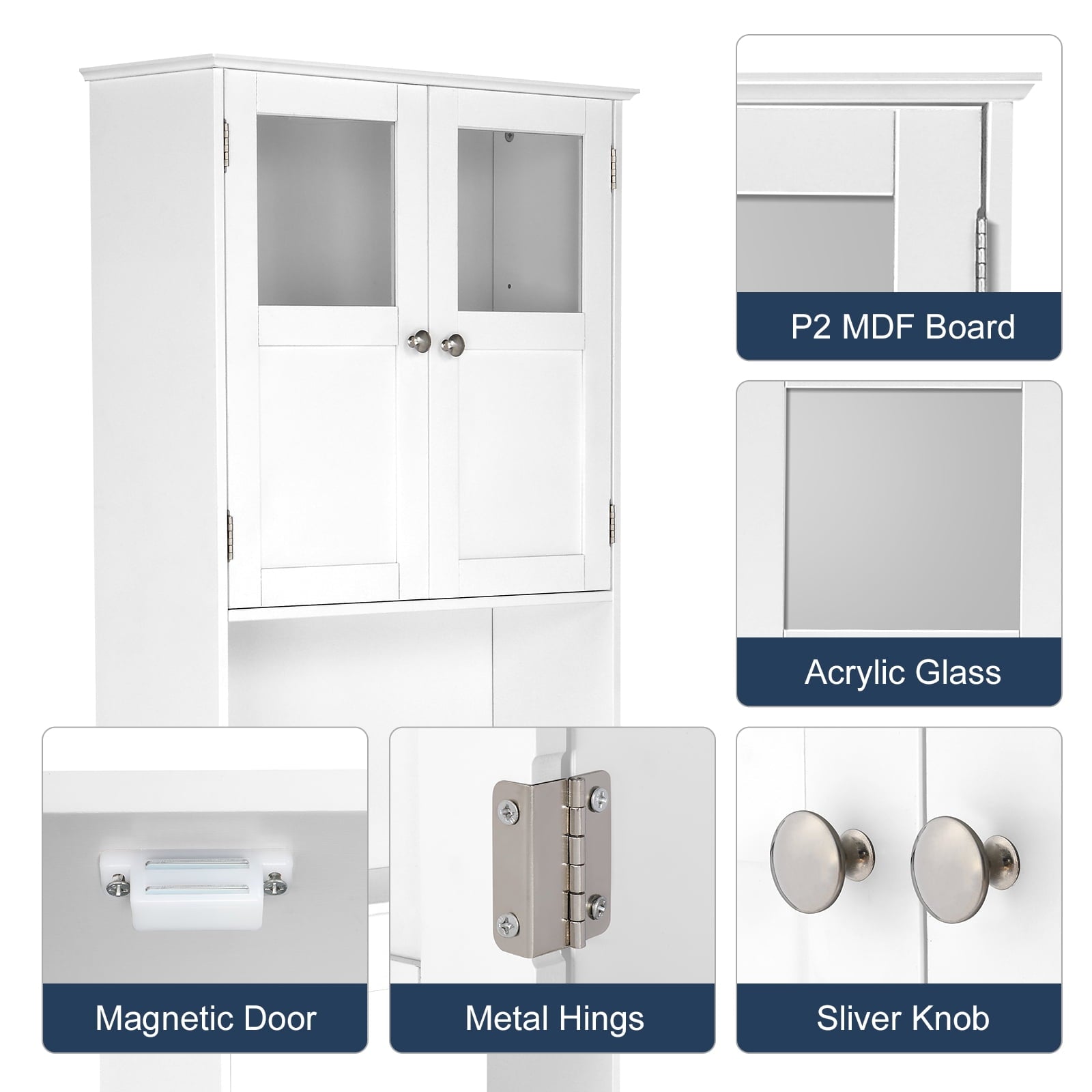 Ktaxon Over the Toilet Bathroom Storage Cabinet with 2 Doors & 3 Storage Shelves Space Saver, White