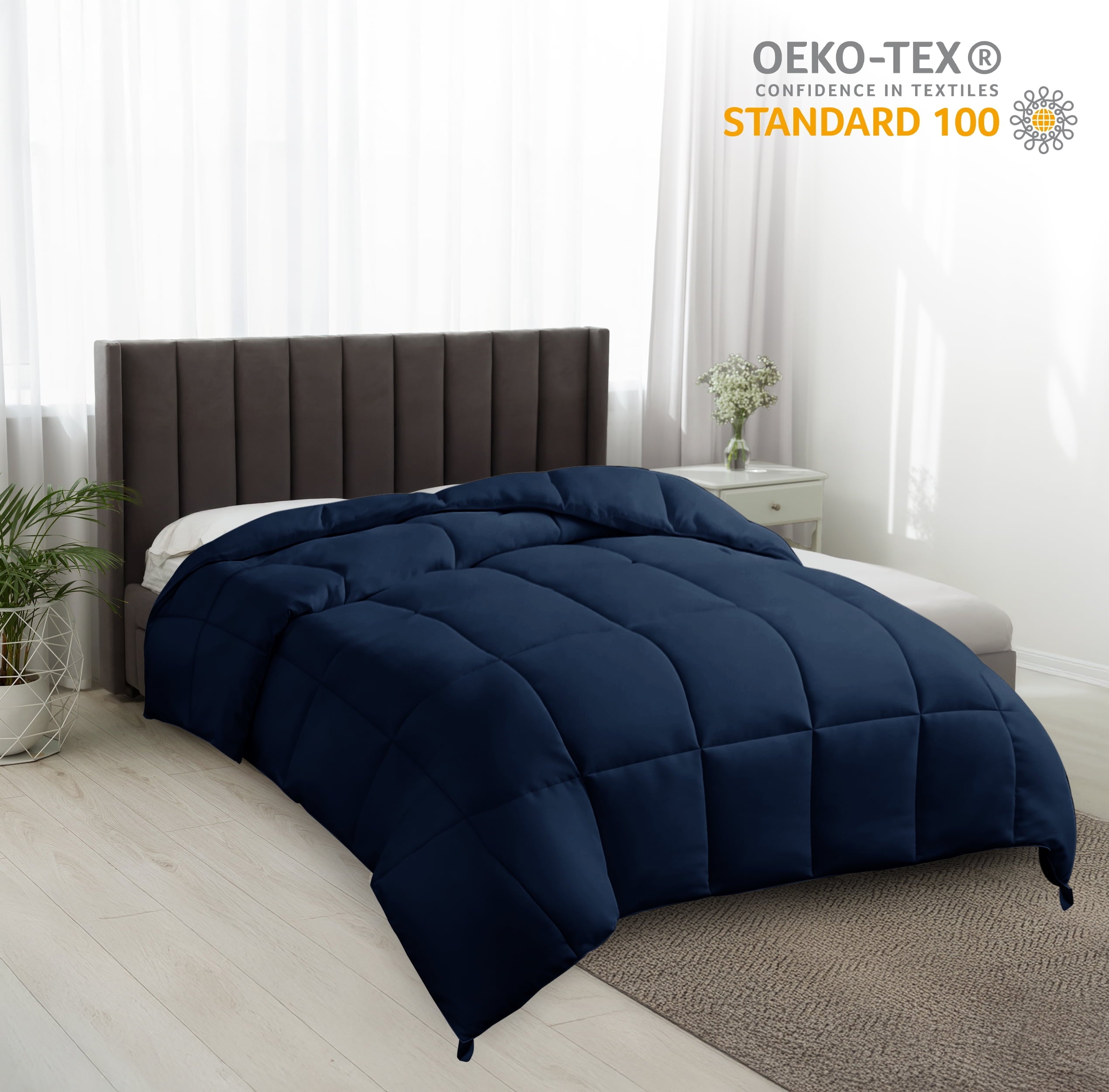Lux Decor Collection Quilted Comforter All Season Down Alternative Reversible Fluffy Ultra Soft Duvet Insert (Queen, Navy Blue)