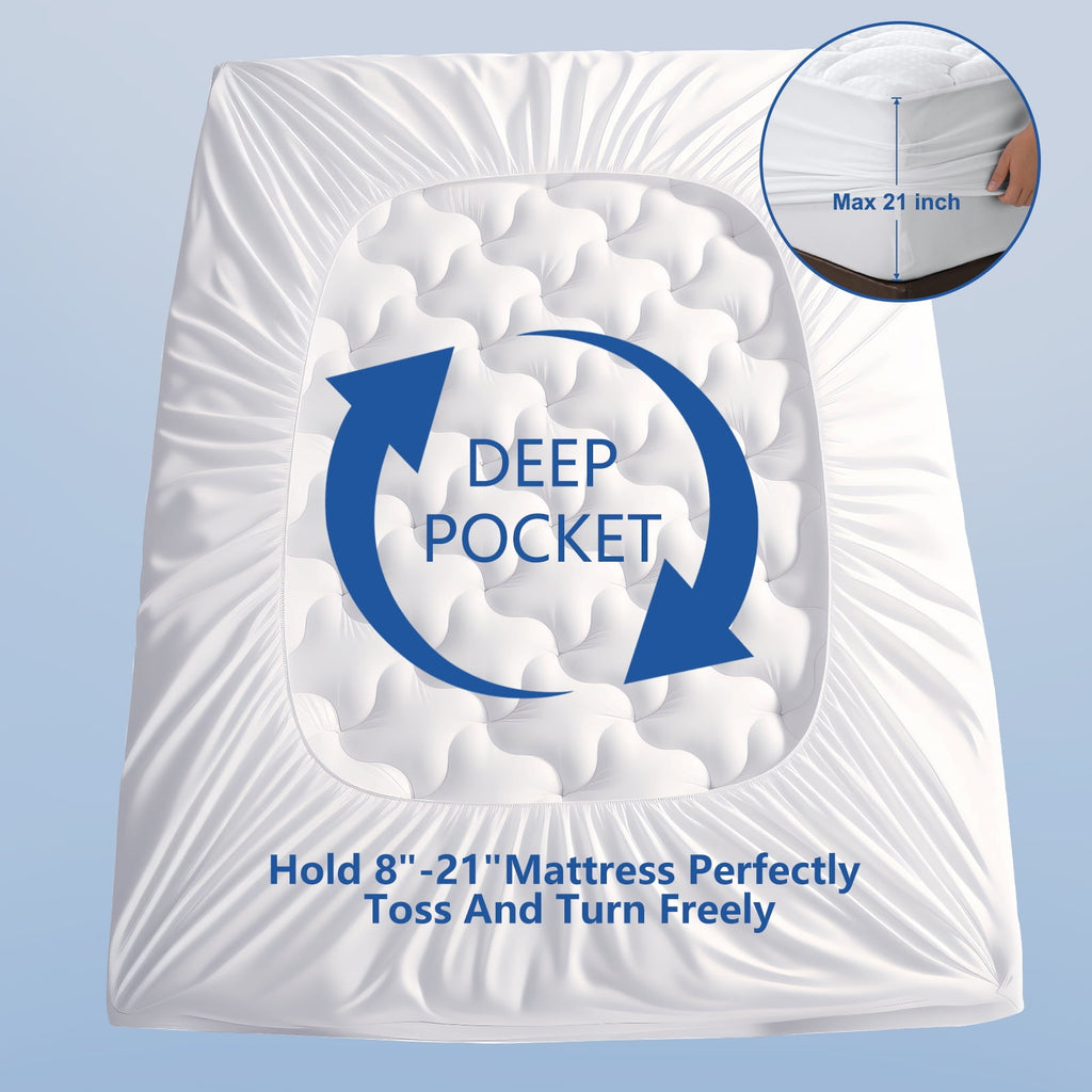 INGALIK Queen Size Mattress Pad, Cooling Breathable Mattress Topper, 400TC Quilted Fitted Protector and Cover with 8-21" Deep Pocket, White