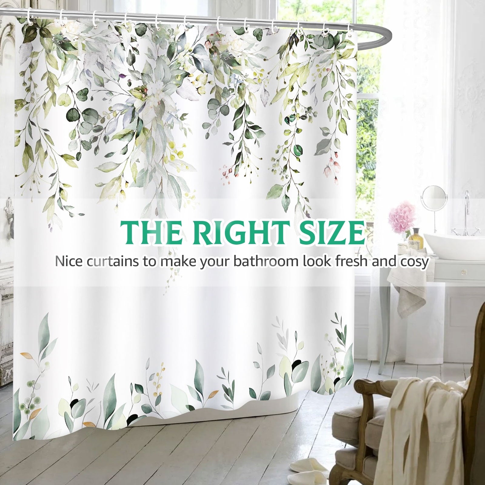 Dznils Green Eucalyptus Fabric Shower Curtain, Watercolor Floral Pattern with Hooks, 72" x 72"