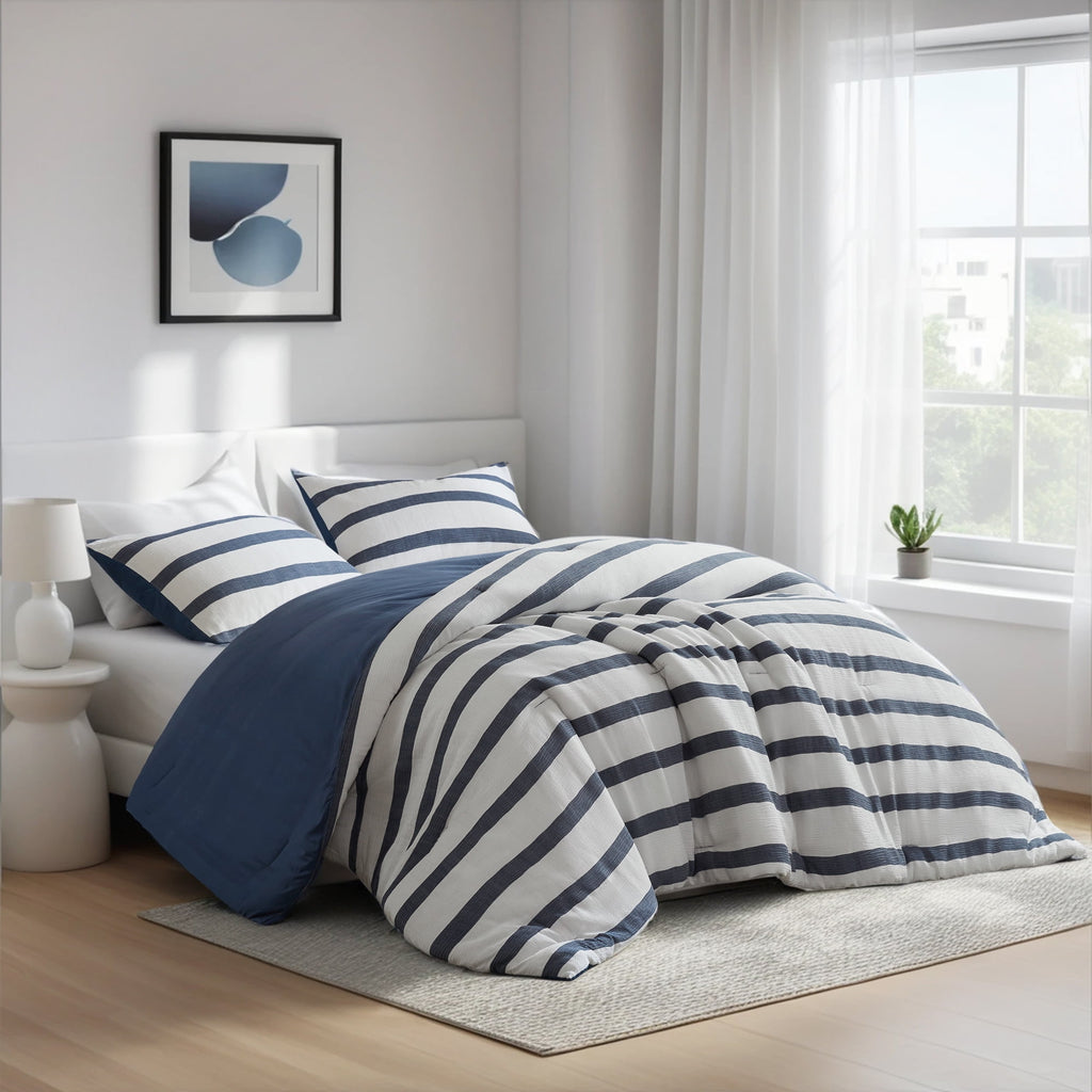 Regency Heights Full/Queen Comforter Set, Striped Texture Bedding Comforter Sets, 3 Pieces Tonal Stripes Woven Comforter with Pillow Sham, Blue