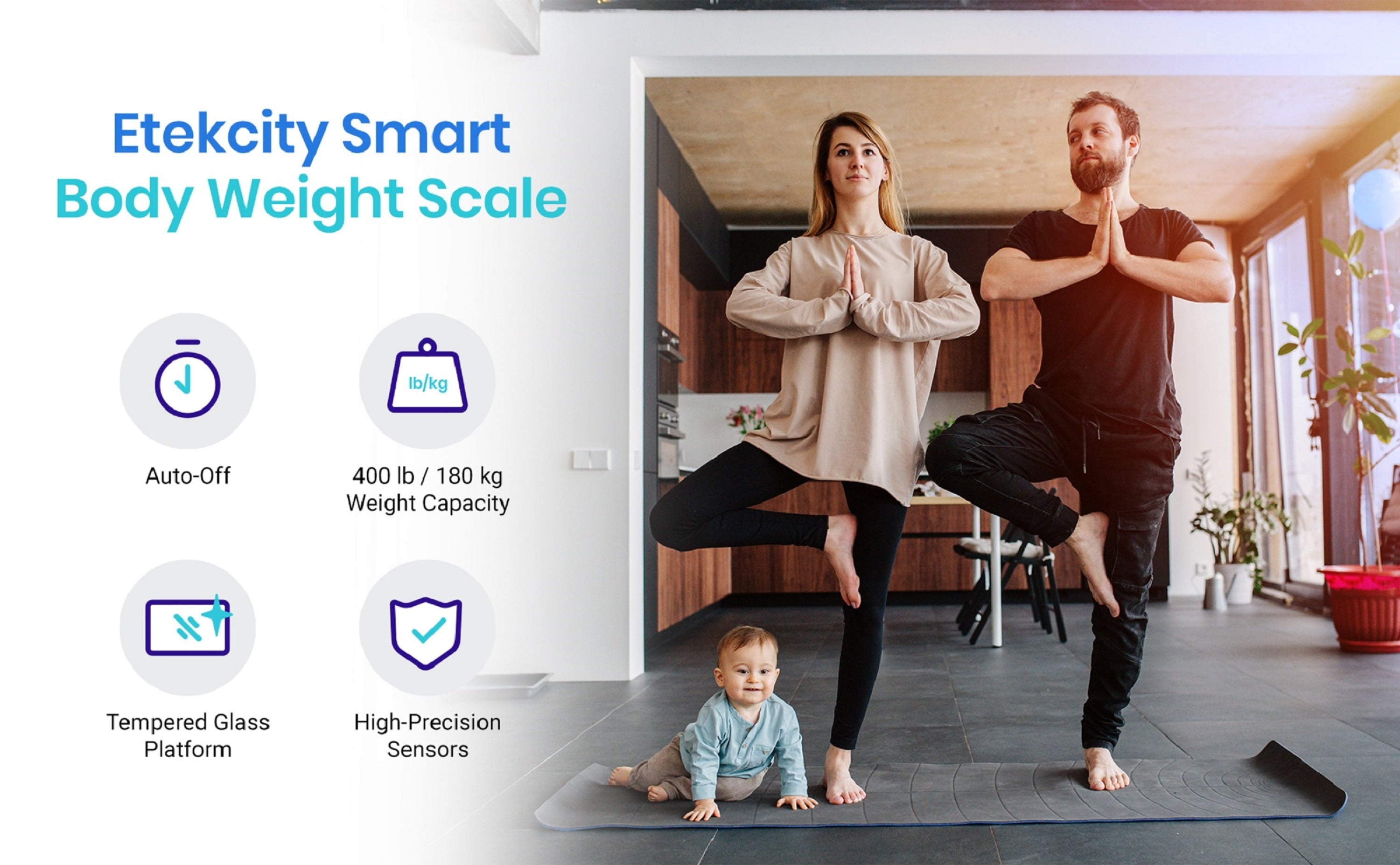 Etekcity LCD Digital Smart Body Weight Scale, Glass and Silver, 400lb Capacity