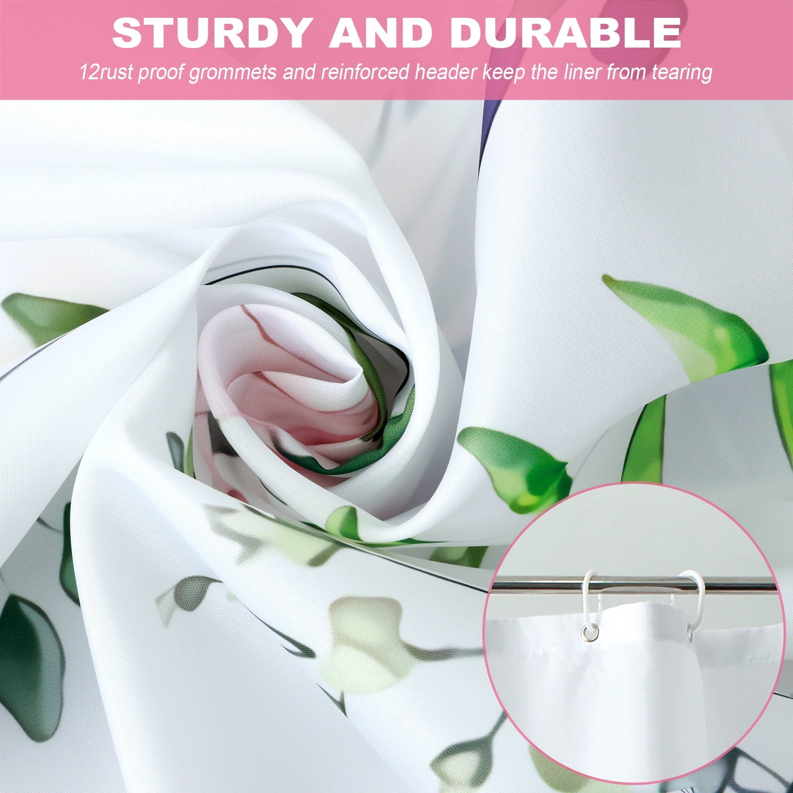 Dznils White Floral Fabric Shower Curtain, Watercolor Bathroom Curtain with Hooks, Pink, 72" x 72"