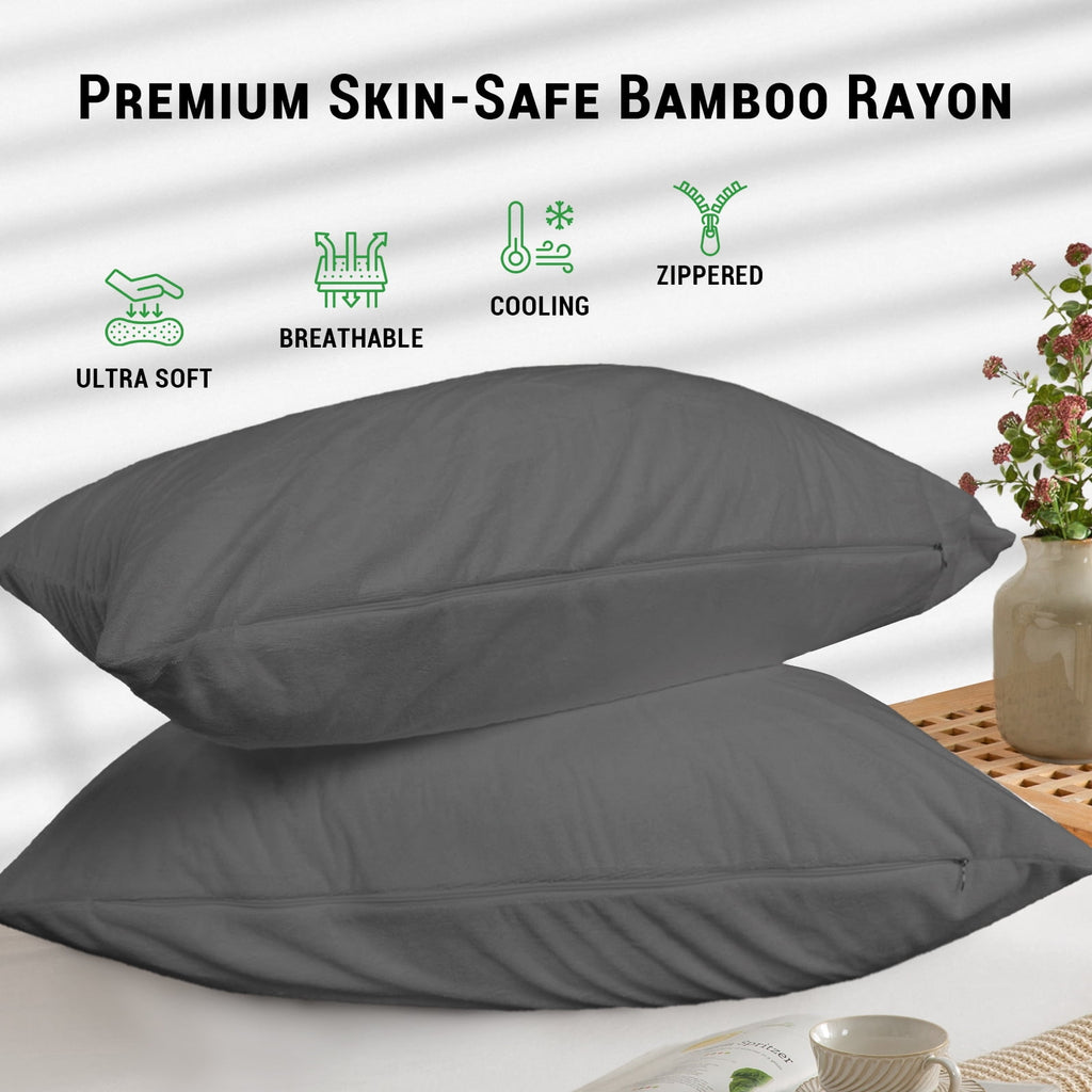 GOGREEN Bamboo Waterproof Pillow Protector, Breathable Pillow Cover, Cooling Pillow Case Protector with Zipper, Super Soft Terry Pillow Case Cover with Zipper (4 Packs, King 20"x36", Dark Grey)