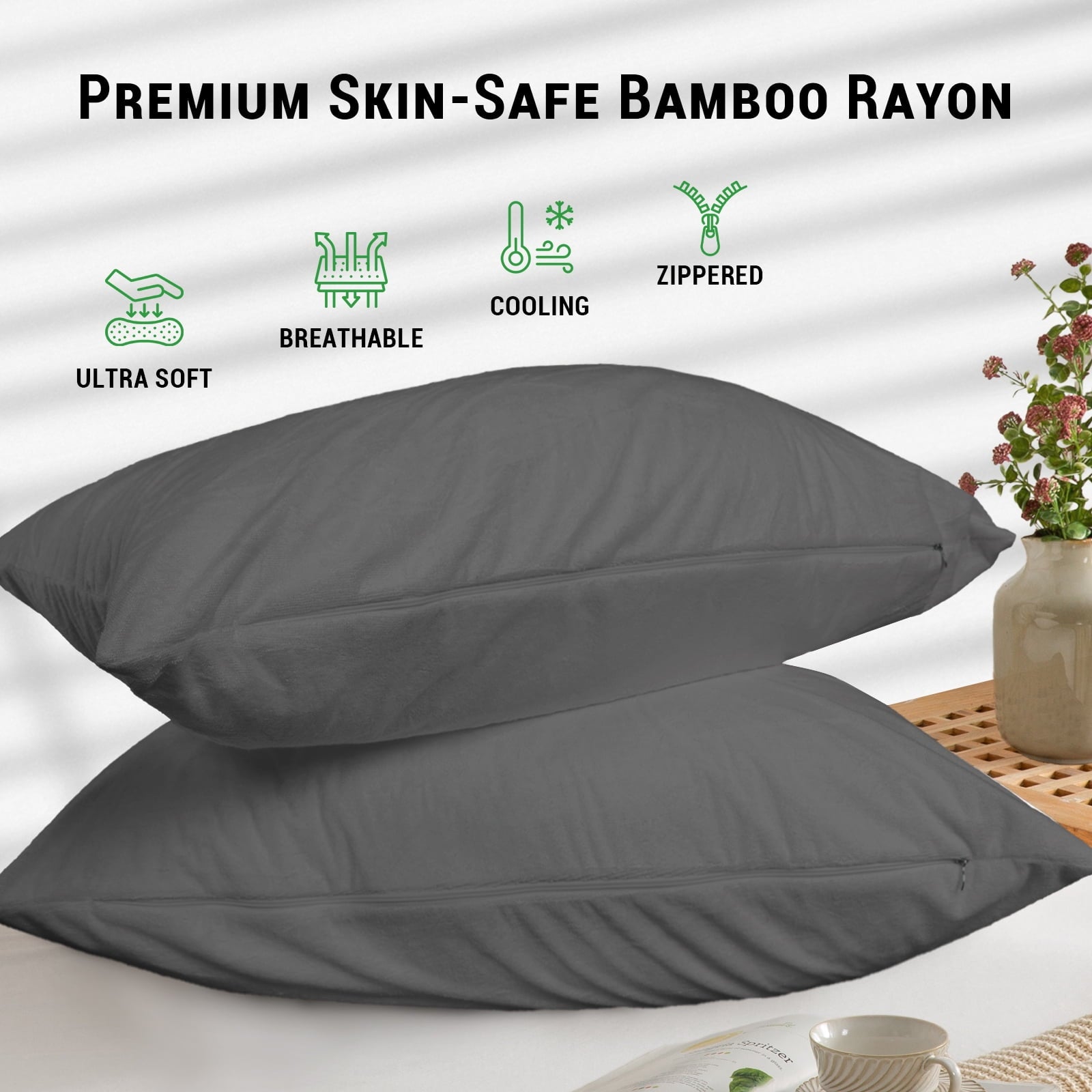 GOGREEN Bamboo Waterproof Pillow Protector, Breathable Pillow Cover, Cooling Pillow Case Protector with Zipper, Super Soft Terry Pillow Case Cover with Zipper (4 Packs, King 20"x36", Dark Grey)