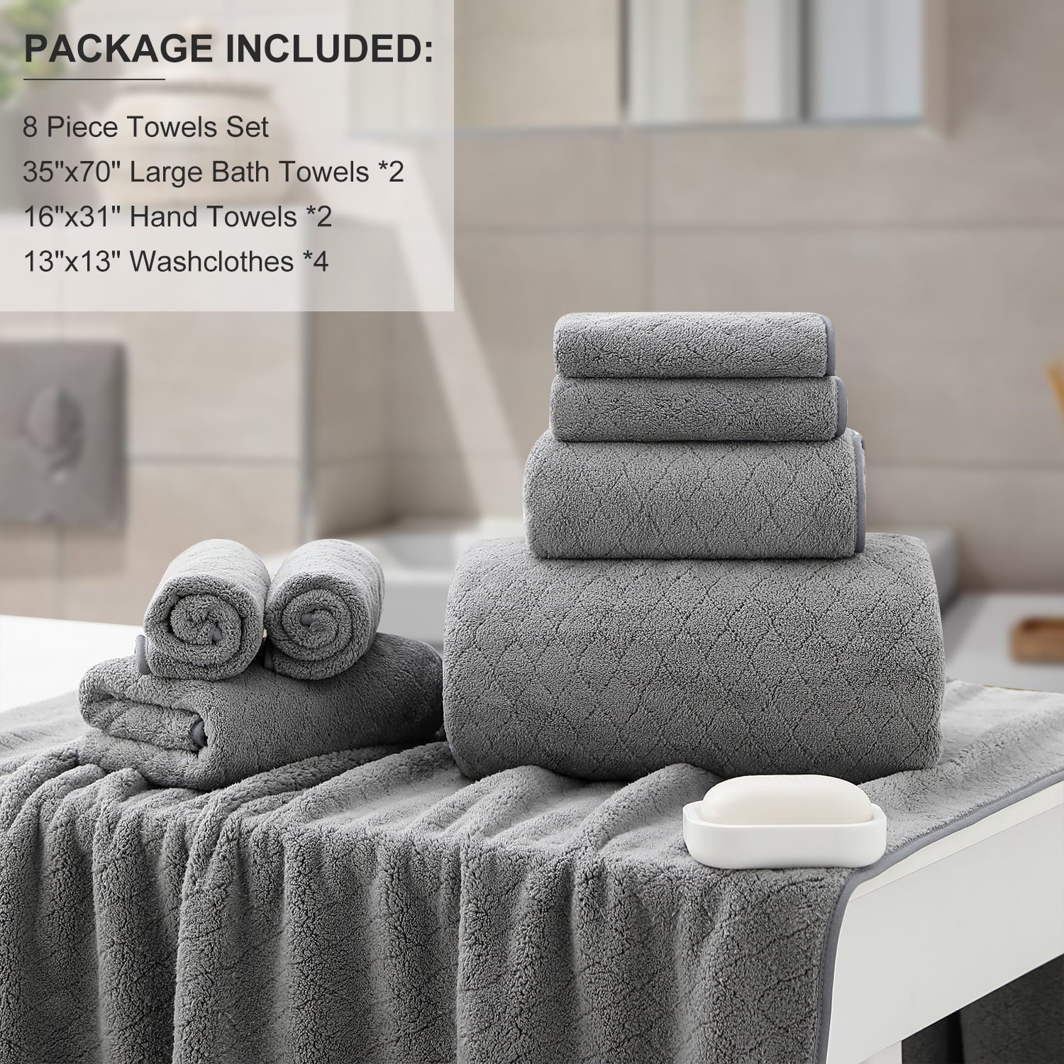 Green Essen 8 Pieces Extra Large Bath Towel35"x 70" Highly Absorbent Quick Dry Bath Sheets Bath Towel Oversized Clearance Soft Shower Towels for Bathroom Spa Hotel Gym(Dark Grey)