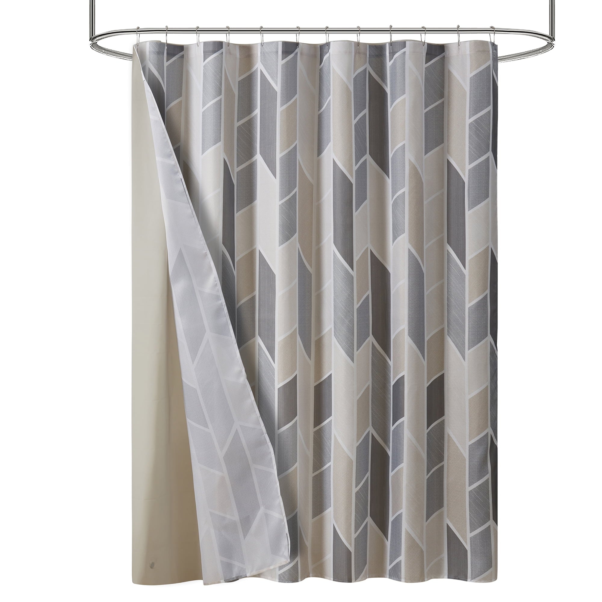 Mainstays 14 Piece Fabric Shower Curtain Set, PEVA Liner & Hooks, Natural Geometric 72" x 72"