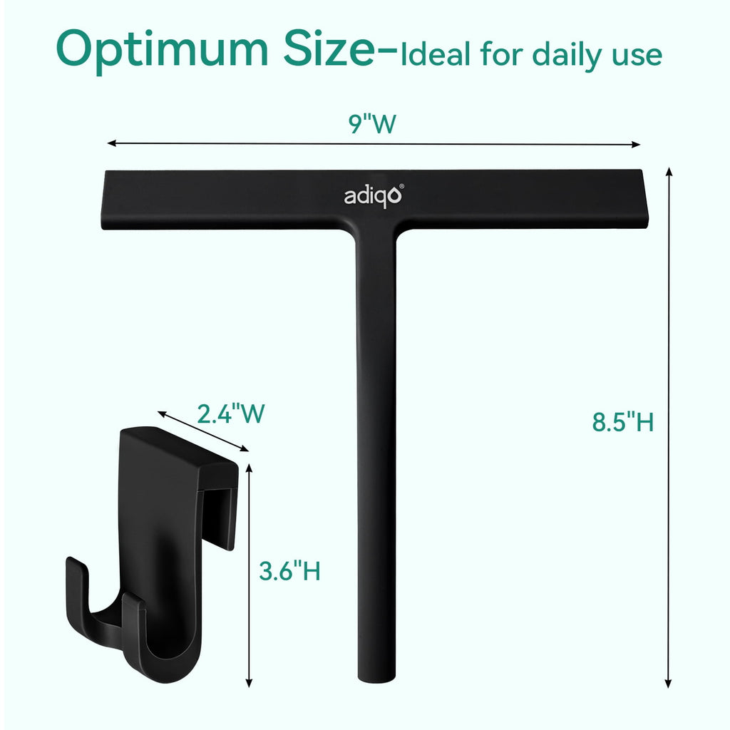 Adiqo 9" Silicone Shower Squeegee for Bathroom, Shower Doors, Mirrors - 100% Streak Free, Matte Black