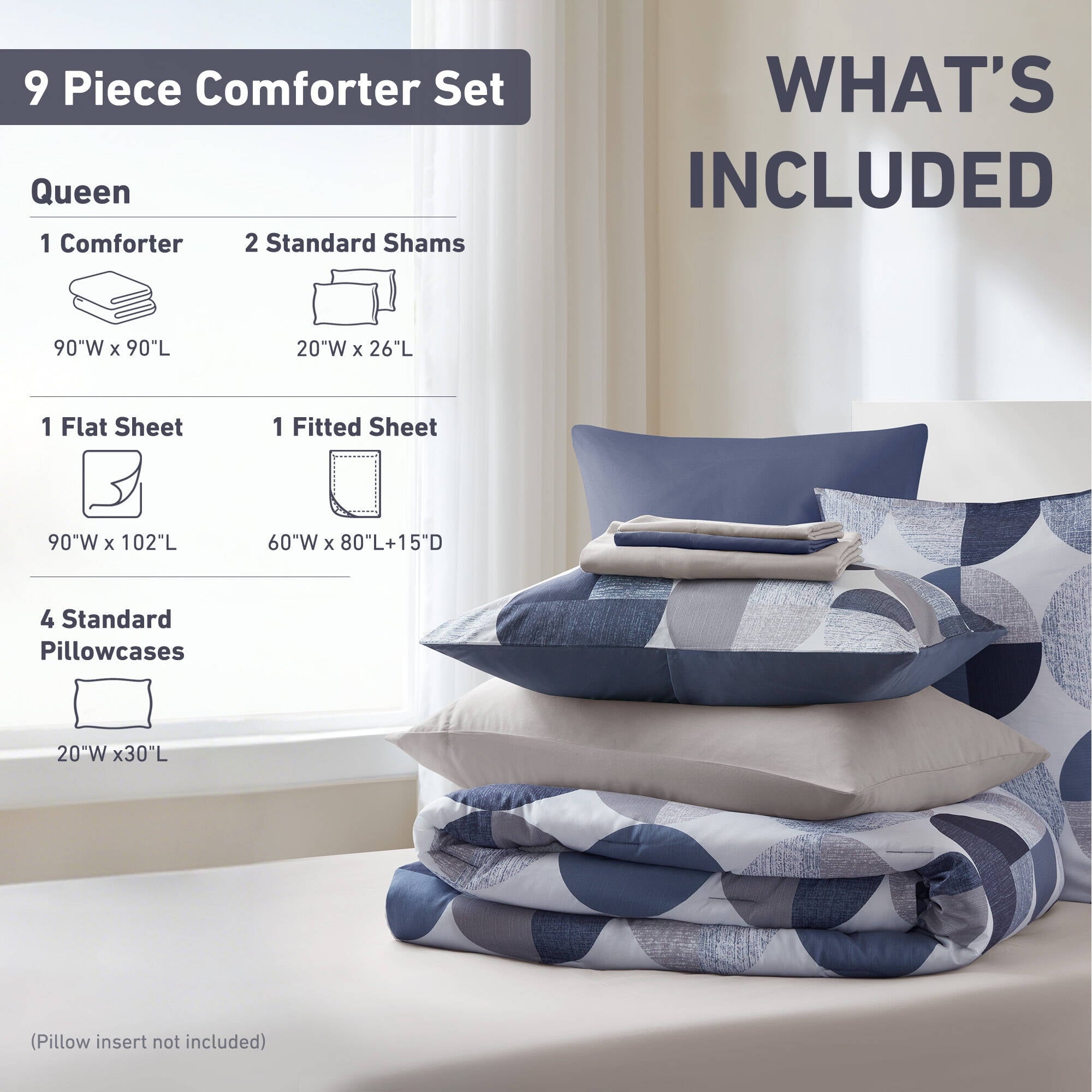 Regency Heights Queen Size Comforter Set, 9-Piece Bed in a Bag Queen, Round Geometric Print Bedding Comforter Set with Sheets, Navy Blue