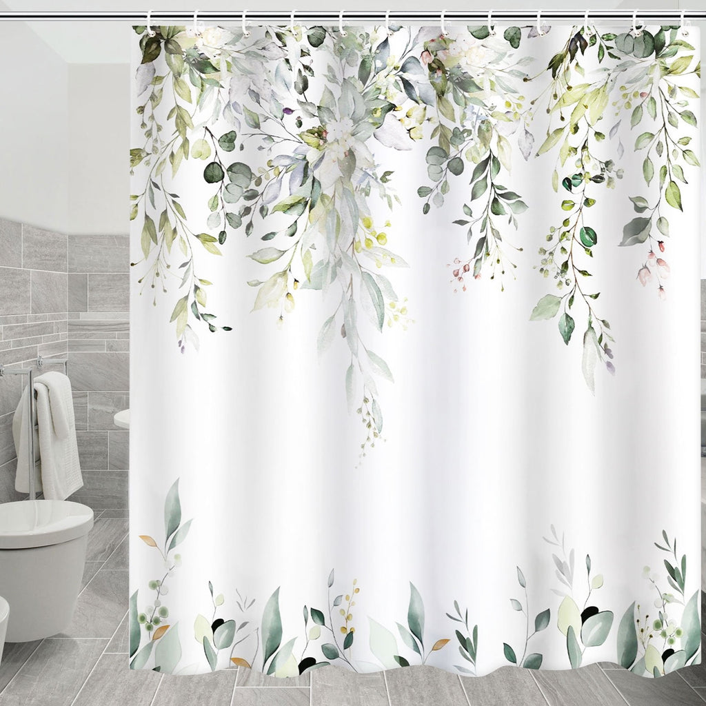Dznils Green Eucalyptus Fabric Shower Curtain, Watercolor Floral Pattern with Hooks, 72" x 72"