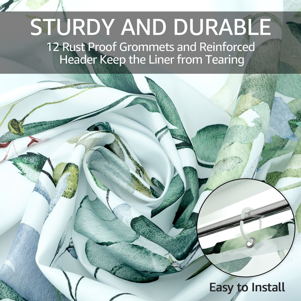 Dznils Green Eucalyptus Fabric Shower Curtain, Watercolor Floral Pattern with Hooks, 72" x 72"